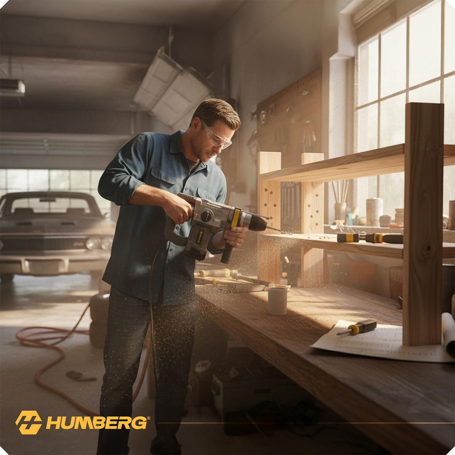 Mężczyzna wierci w warsztacie, lata pył drzewny, samochód w tle.