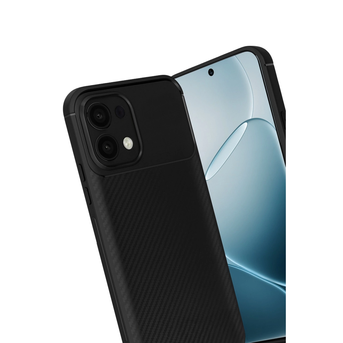 Karbon desenli kılıflı siyah telefon ve iki kamera, yakın çekim.