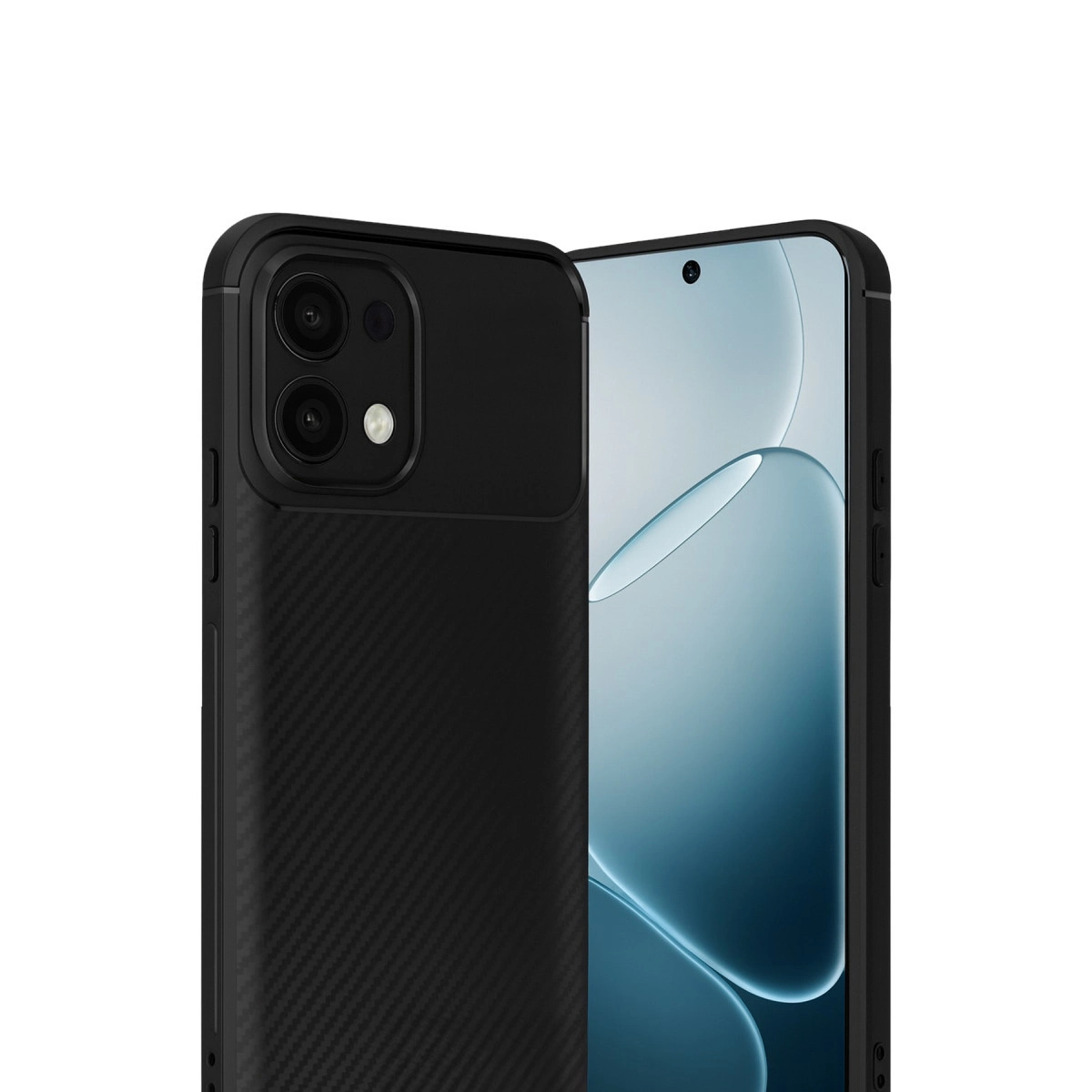 Karbon desenli ve çift kameralı siyah telefon, yanında mavi arka planlı başka bir telefon.