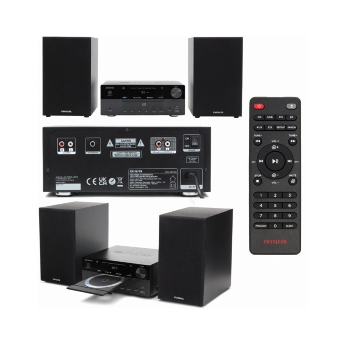 Odtwarzacz CD Aiwa z dwoma głośnikami, pilotem i panelem tylnym.