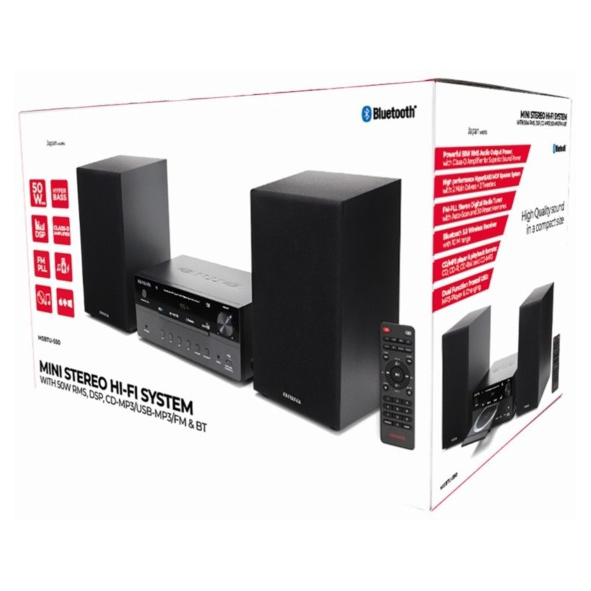 Mini system stereo hi-fi z dwoma głośnikami, odbiornikiem i pilotem.