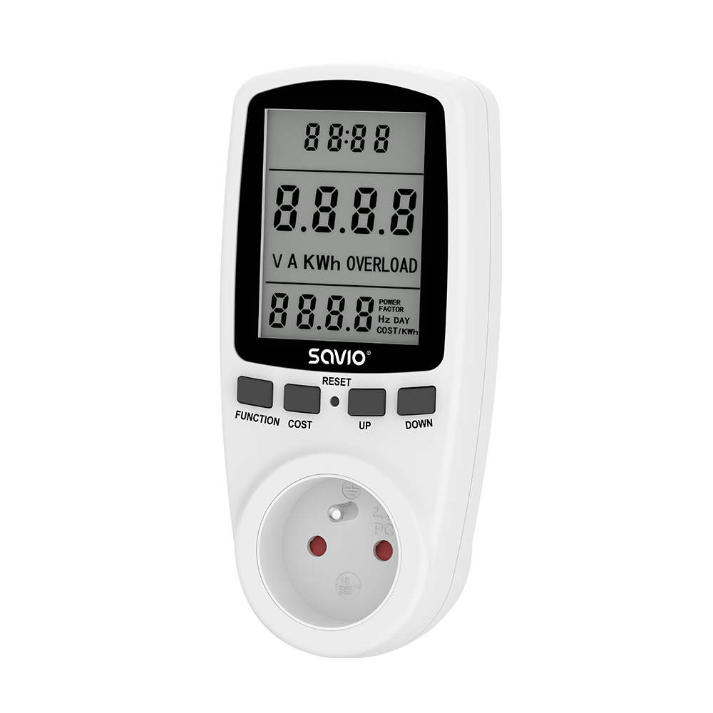 Biały licznik energii elektrycznej z wyświetlaczem LCD i przyciskami.