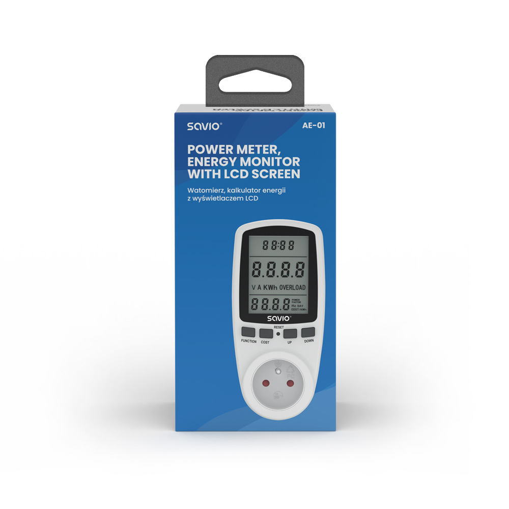 Biały miernik mocy monitor energii z ekranem LCD i gniazdkiem.