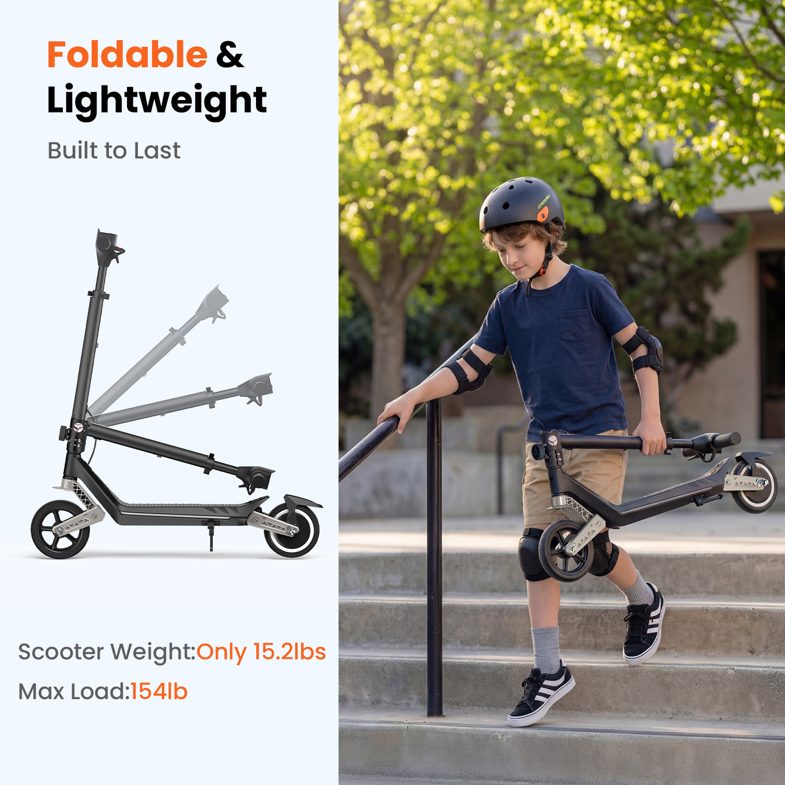 Chłopiec w kasku niesie składaną hulajnogę po schodach.