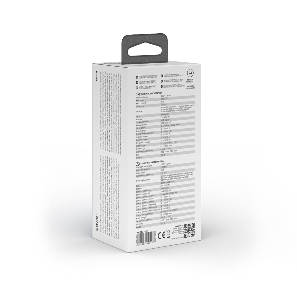 Białe pudełko z miernikiem energii i specyfikacją techniczną.