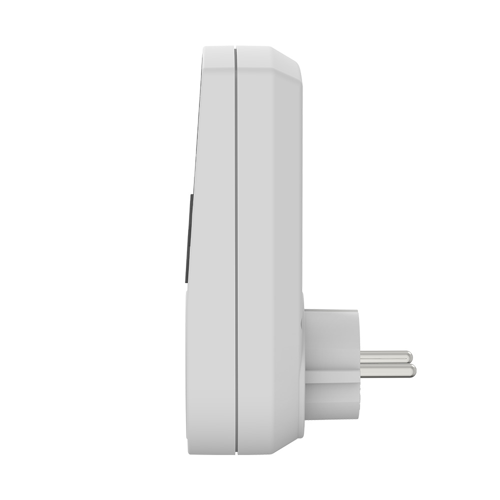 Biały adapter wtyczki z dwoma srebrnymi bolcami.