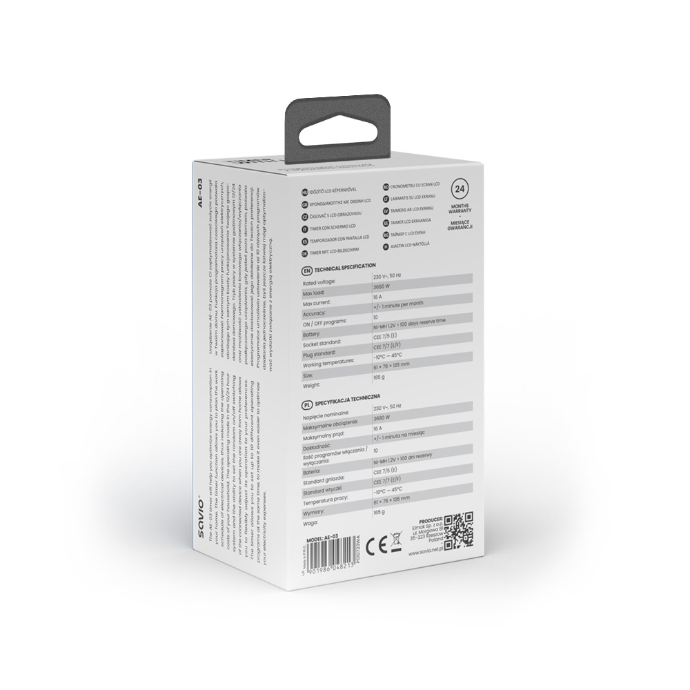 Cyfrowy timer z ekranem LCD, zawierający specyfikacje techniczne i dane producenta.