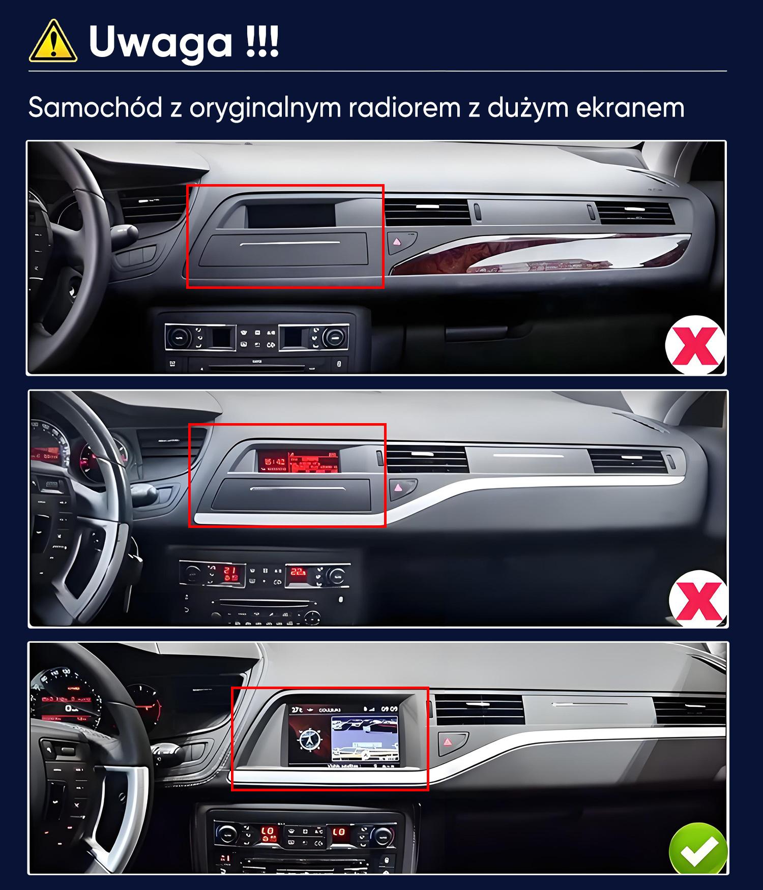 Deska rozdzielcza samochodu pokazująca trzy różne systemy radiowe, jeden z dużym ekranem.