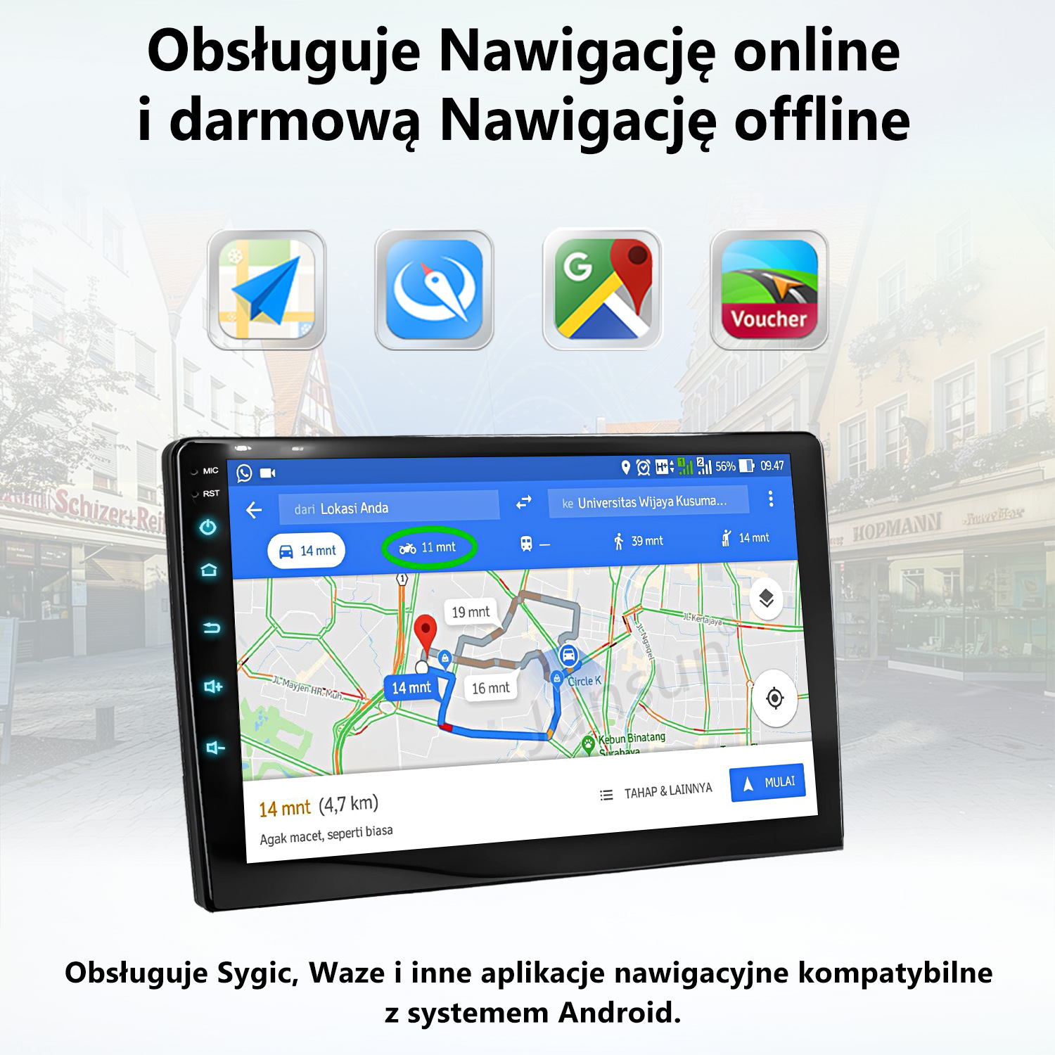 Aplikacja nawigacyjna na radiu samochodowym pokazująca mapy online i offline.