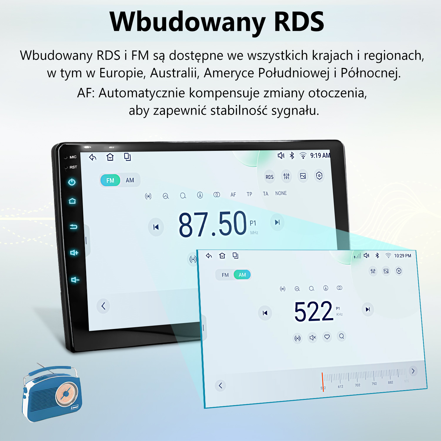 Ekran radia samochodowego z opcjami FM/AM i częstotliwością.