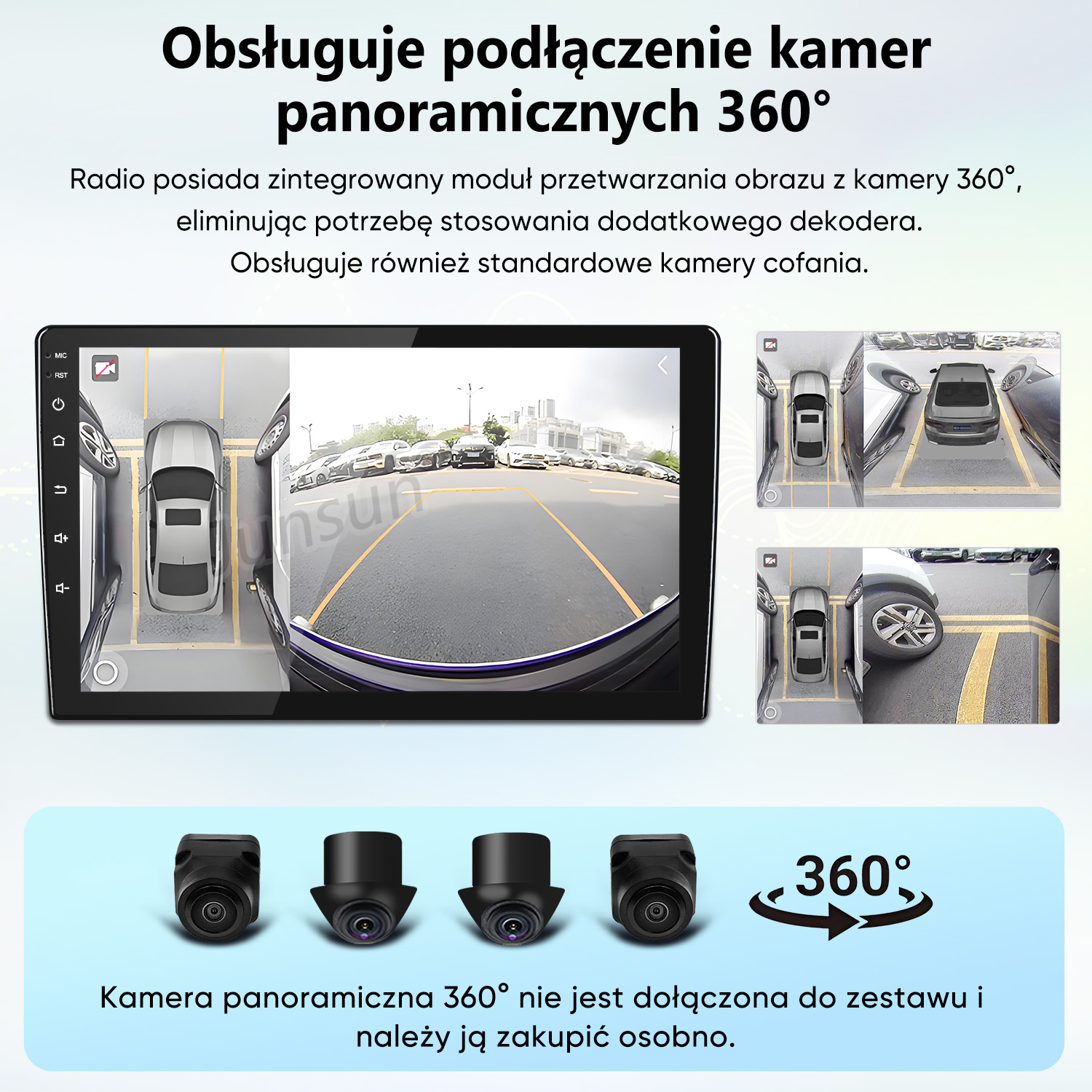 Ekran wyświetla widoki 360° samochodów, kamer i parkingów.