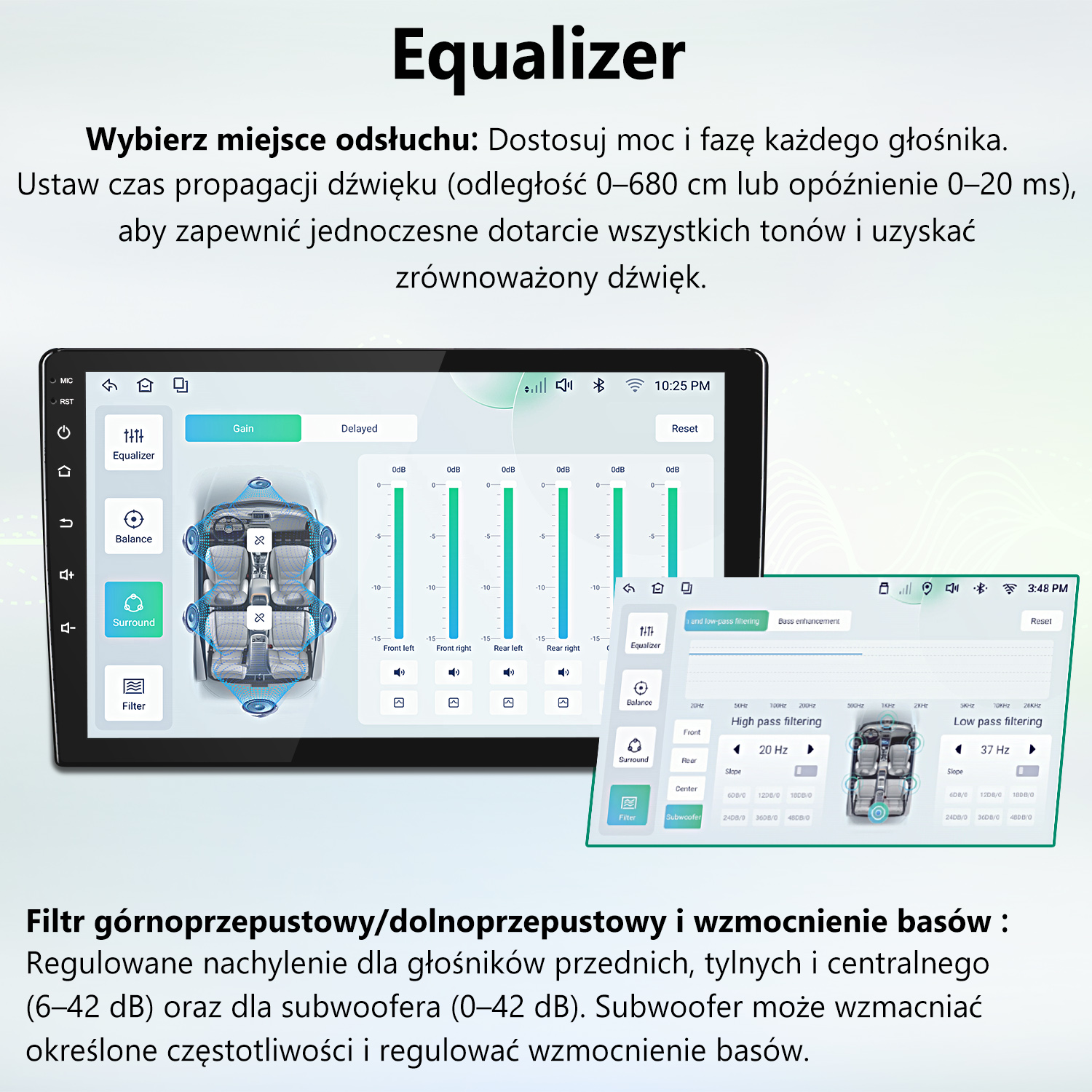 Wyświetlacz samochodowy pokazuje ustawienia equalizera z diagramami głośników i filtrami częstotliwości.