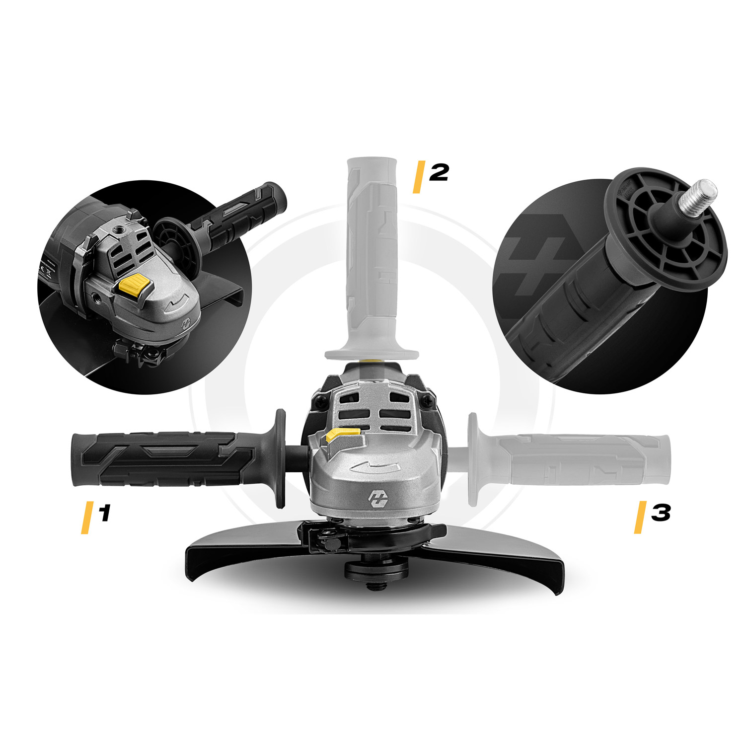 Szlifierka kątowa pokazana z trzema opcjami uchwytu: lewą, górną i prawą.