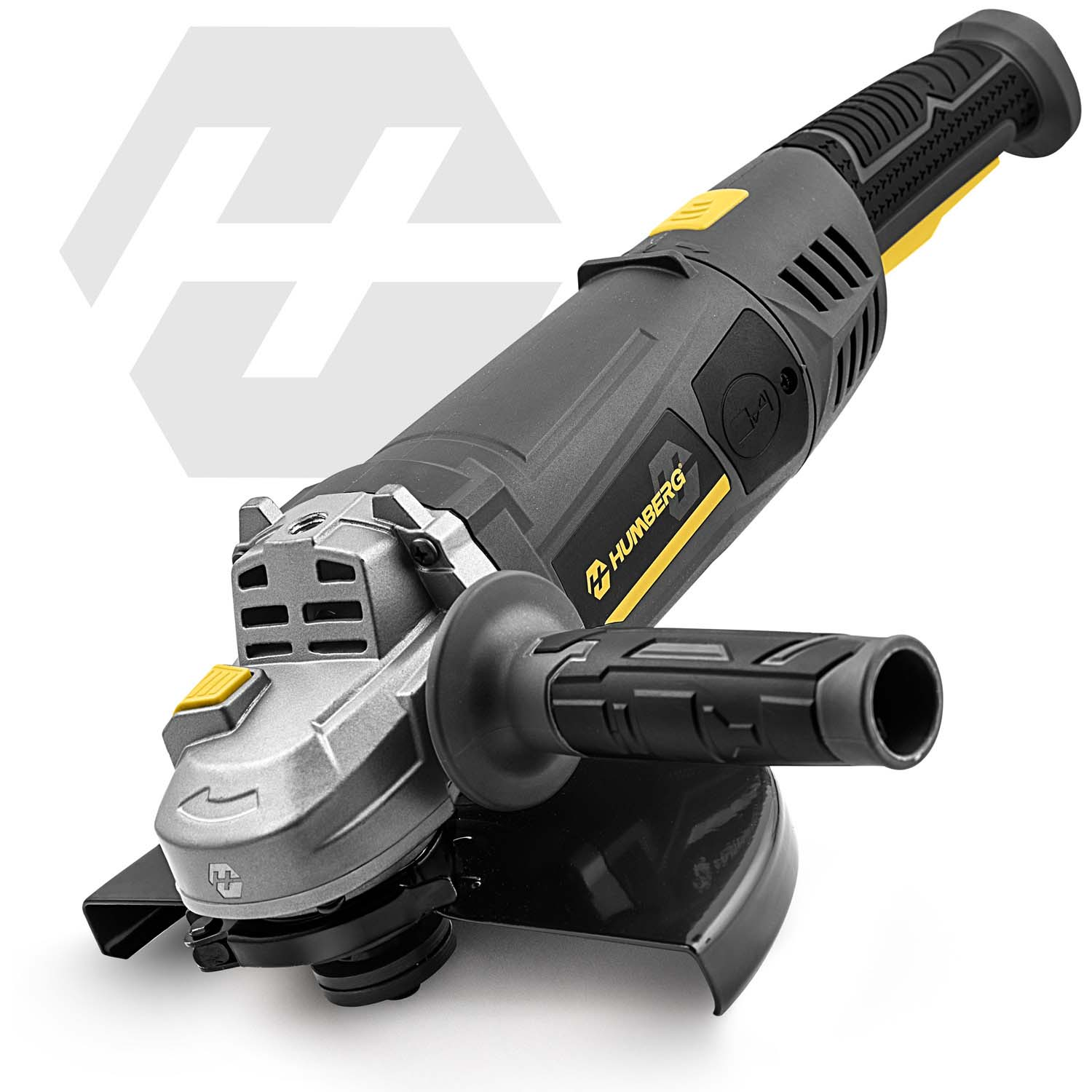 Szlifierka kątowa szara i żółta z czarnym uchwytem i osłoną.