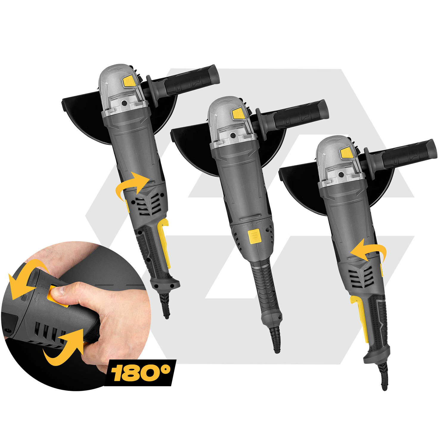 Trzy szlifierki kątowe, jedna z ręką obracającą się o 180 stopni. Szary korpus, żółte akcenty.