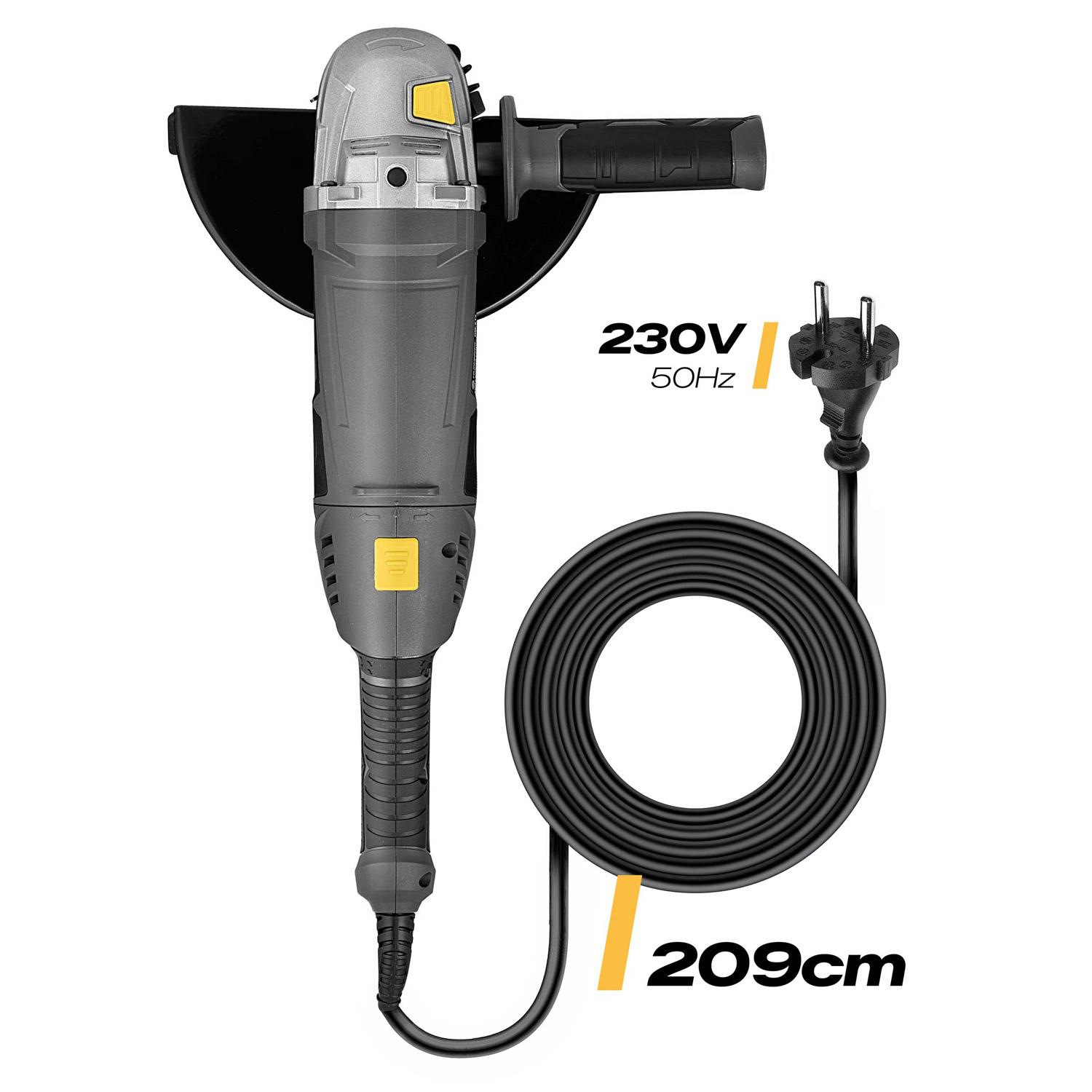 Szlifierka kątowa szara z czarną osłoną, 230V, 50Hz, kabel 209cm.