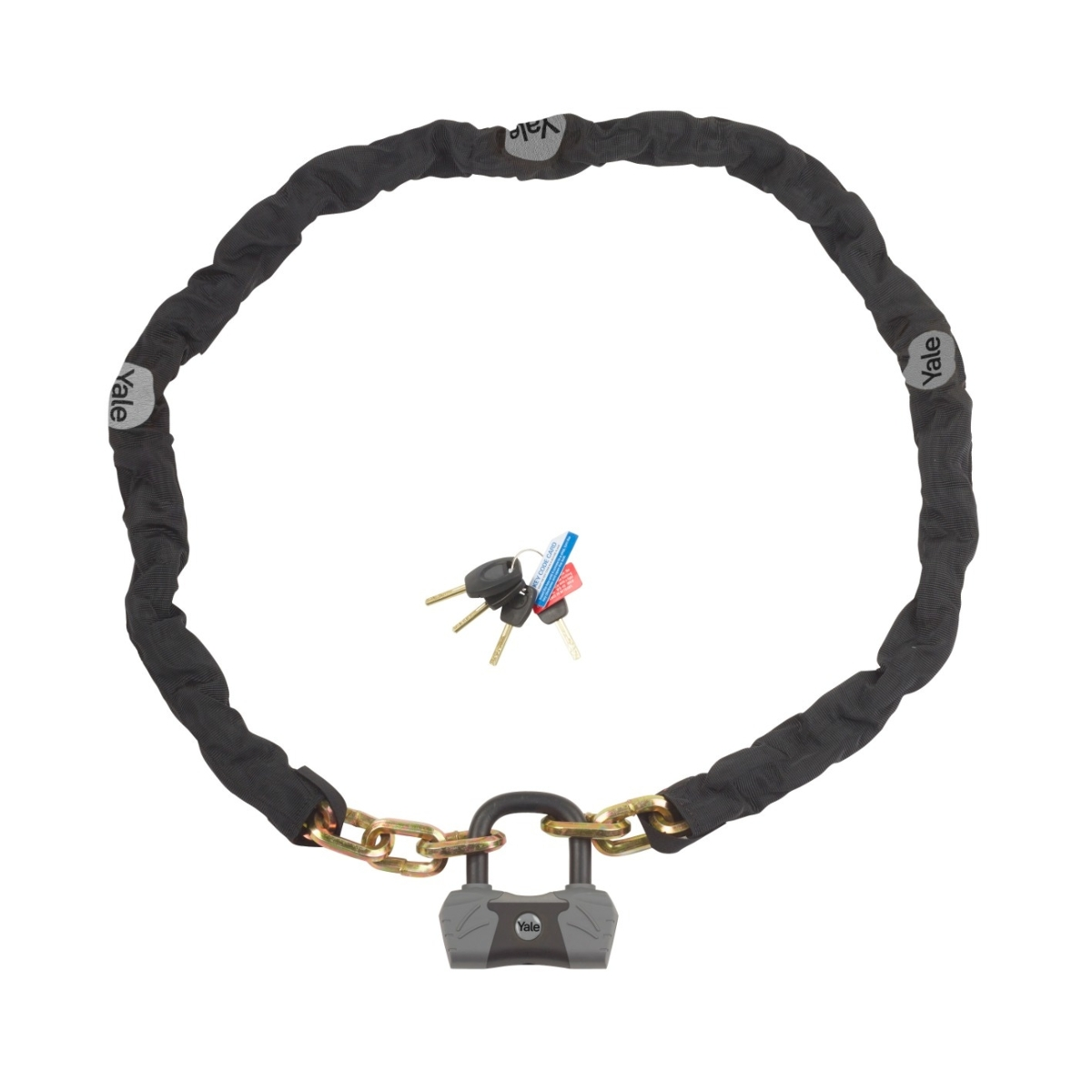 Catena nera Yale per bicicletta con lucchetto e chiavi.