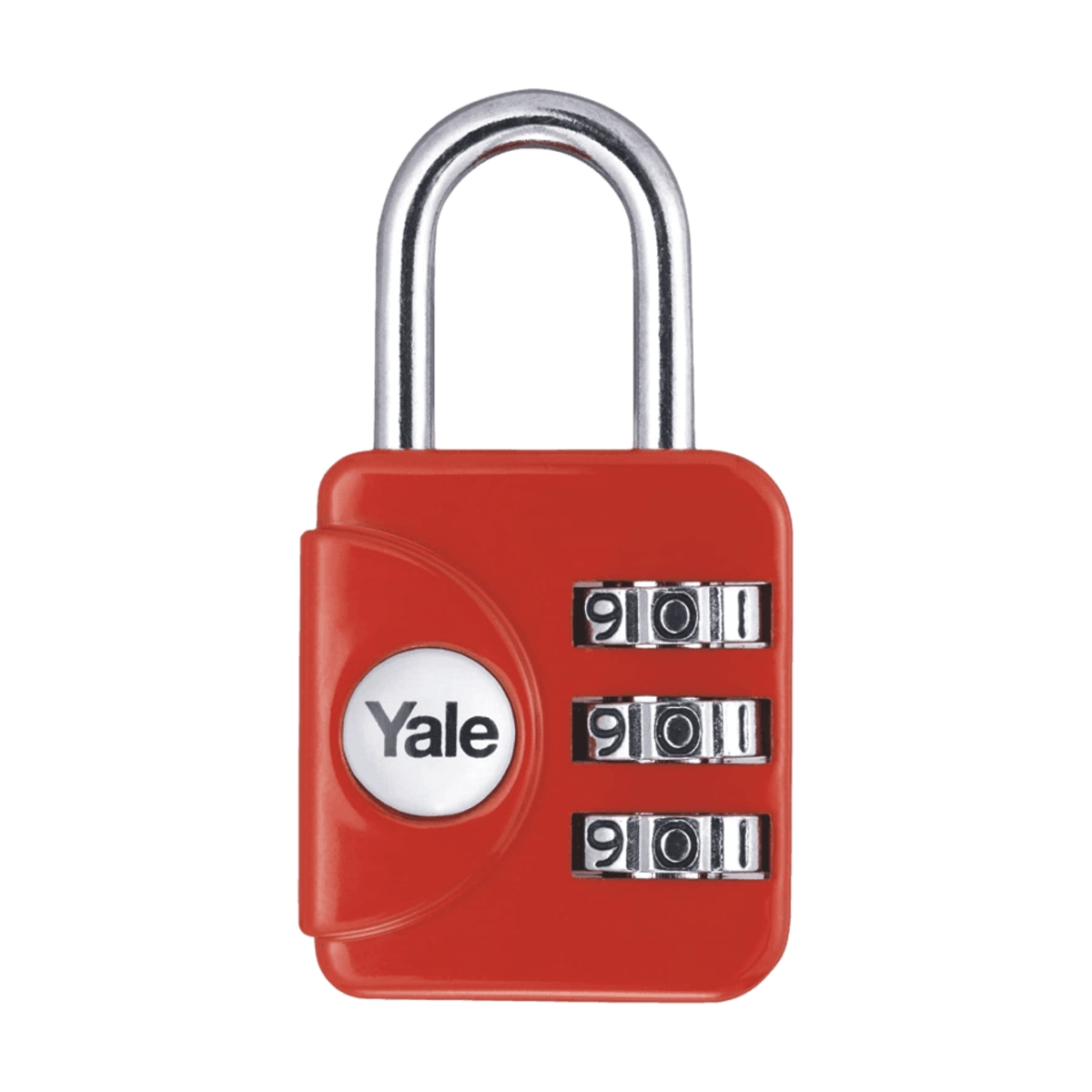 Lucchetto rosso a combinazione a 3 cifre con arco argentato e logo Yale.
