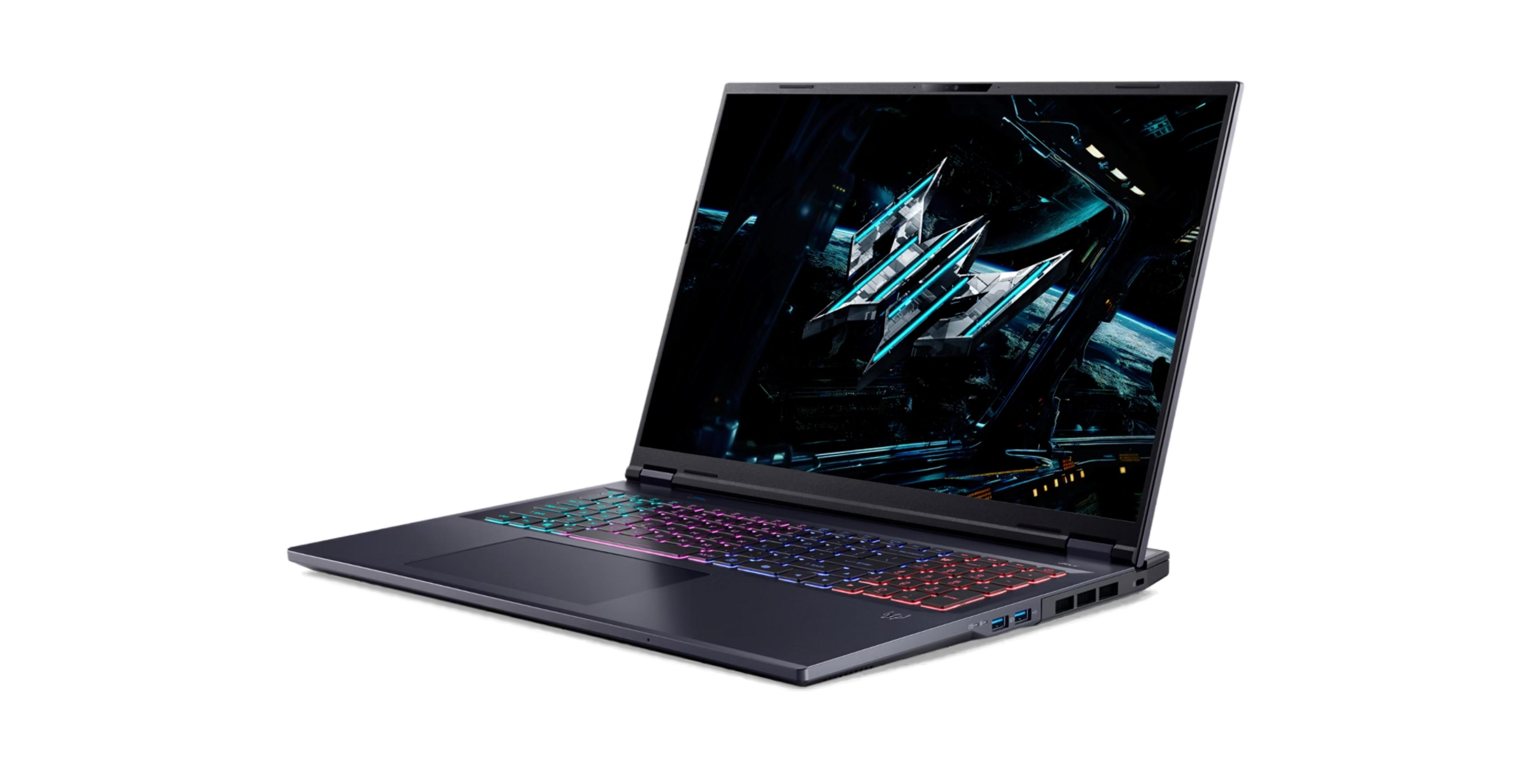 Ein schwarzer Laptop mit beleuchteter Tastatur, der auf einem weißen Hintergrund steht.