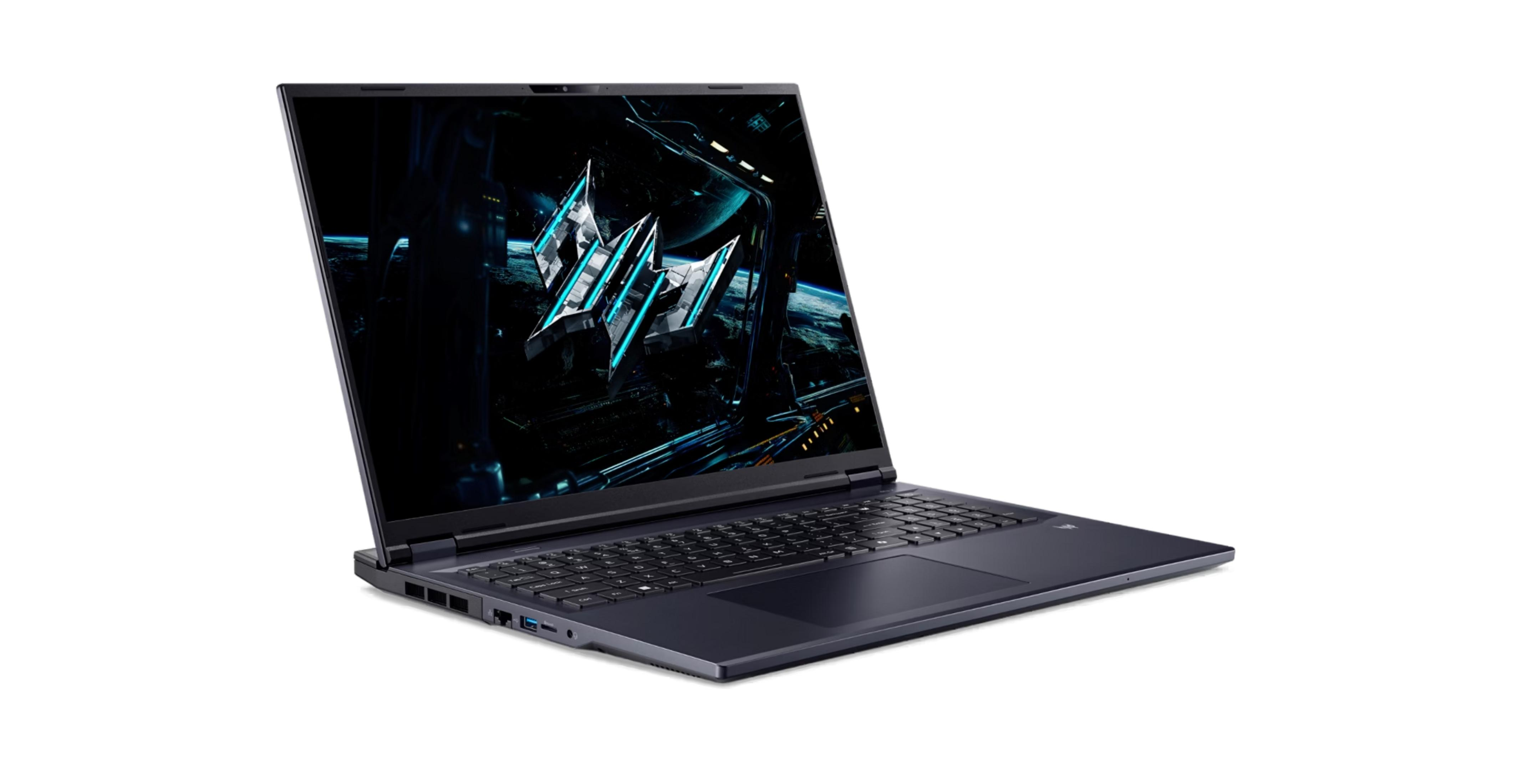 Ein offener dunkler Laptop mit einem futuristischen Logo auf dem Bildschirm.