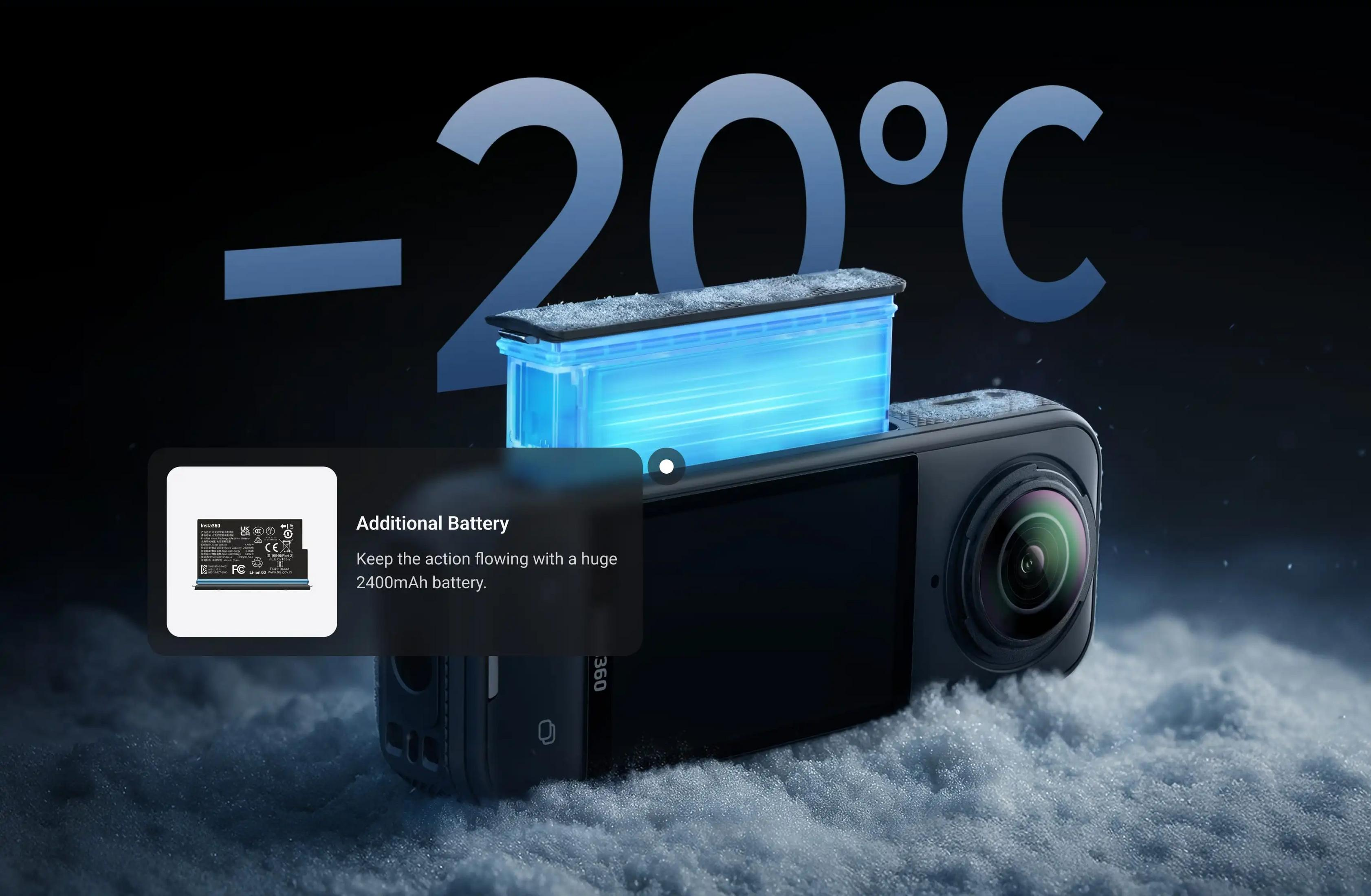 Een camera met extra batterij in de sneeuw bij -20°C.