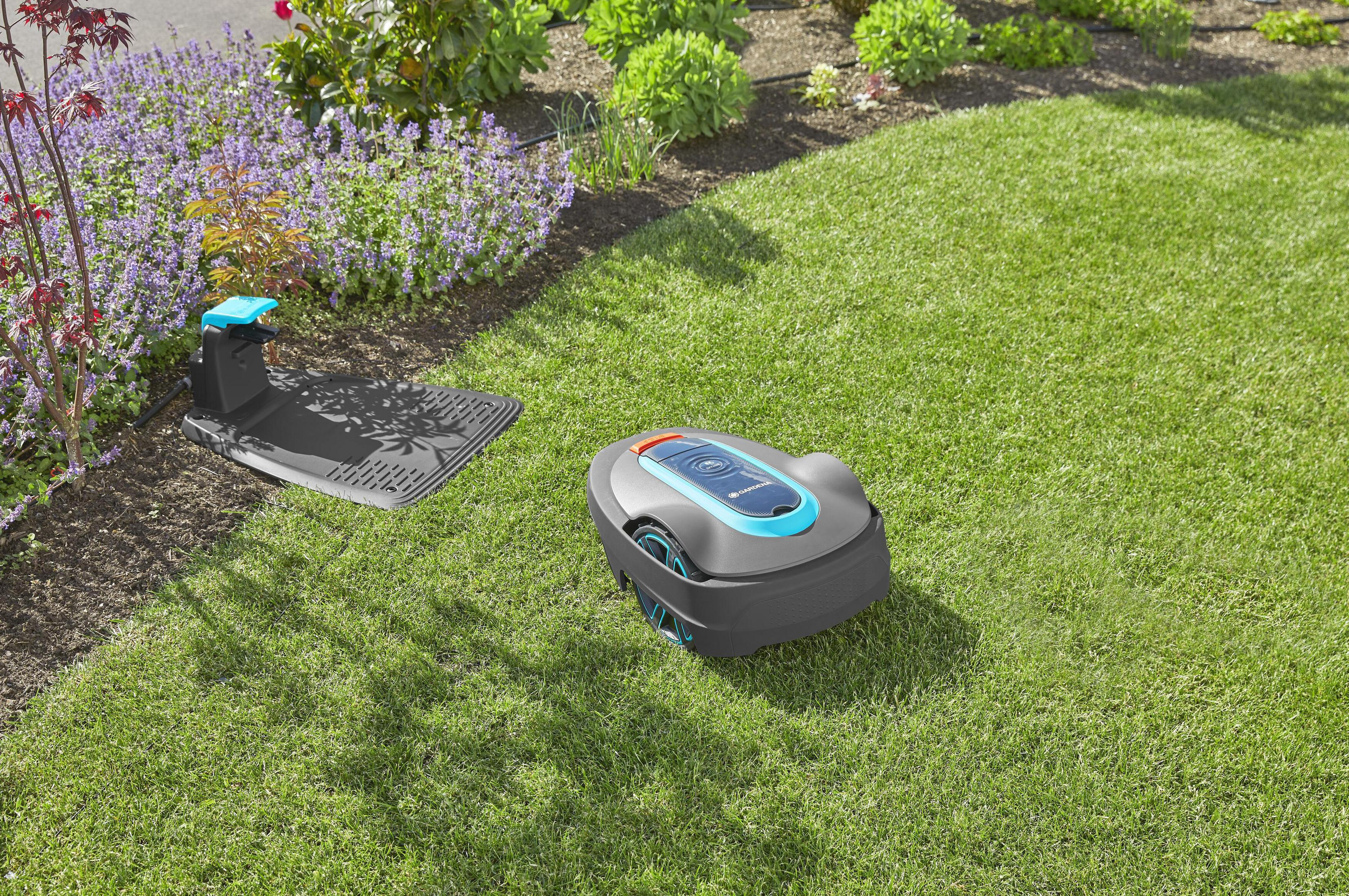 Robot koszący i jego stacja ładująca na zielonym trawniku obok kwitnących roślin.
