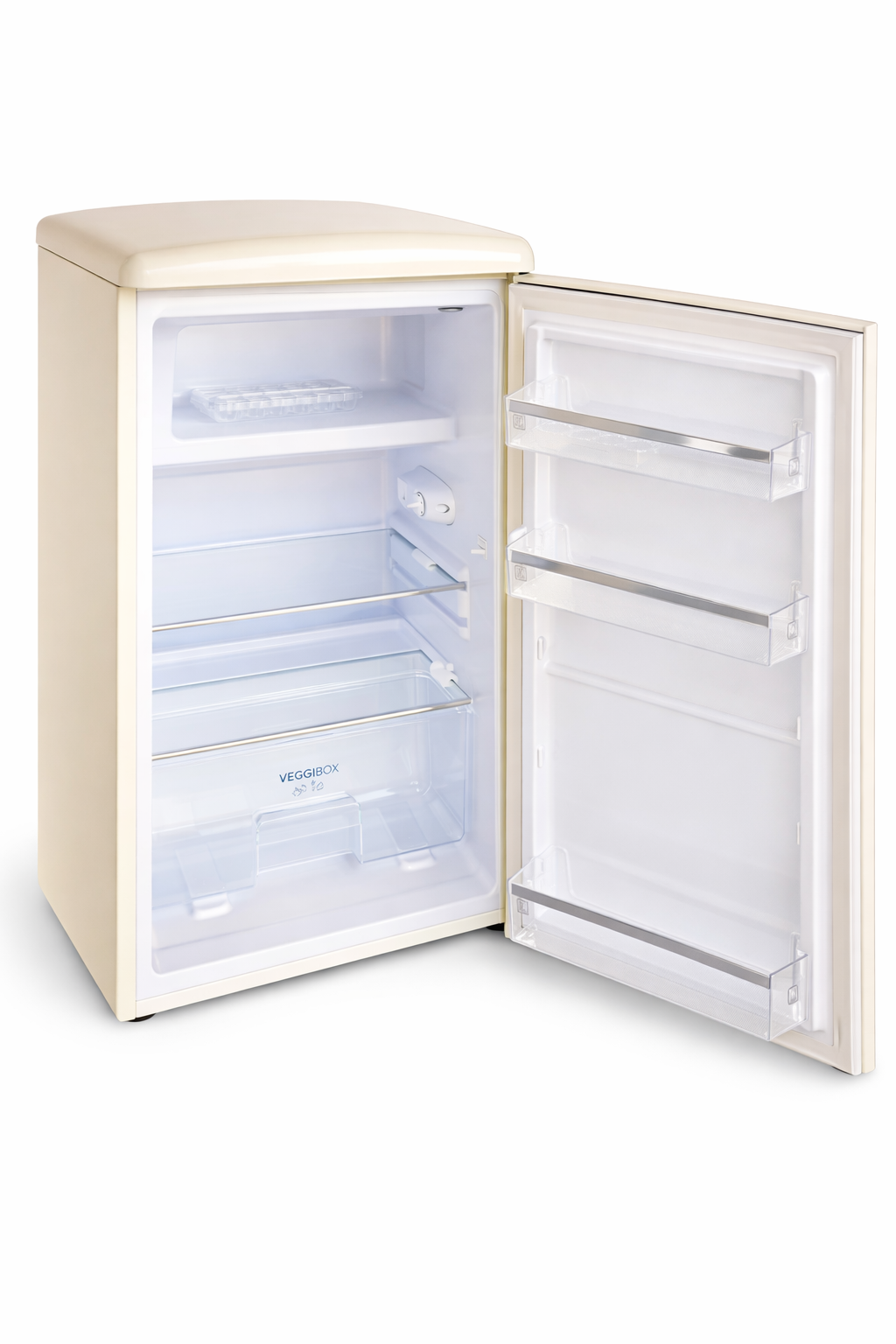 An open, empty, cream-colored mini-fridge with shelves and a crisper drawer.