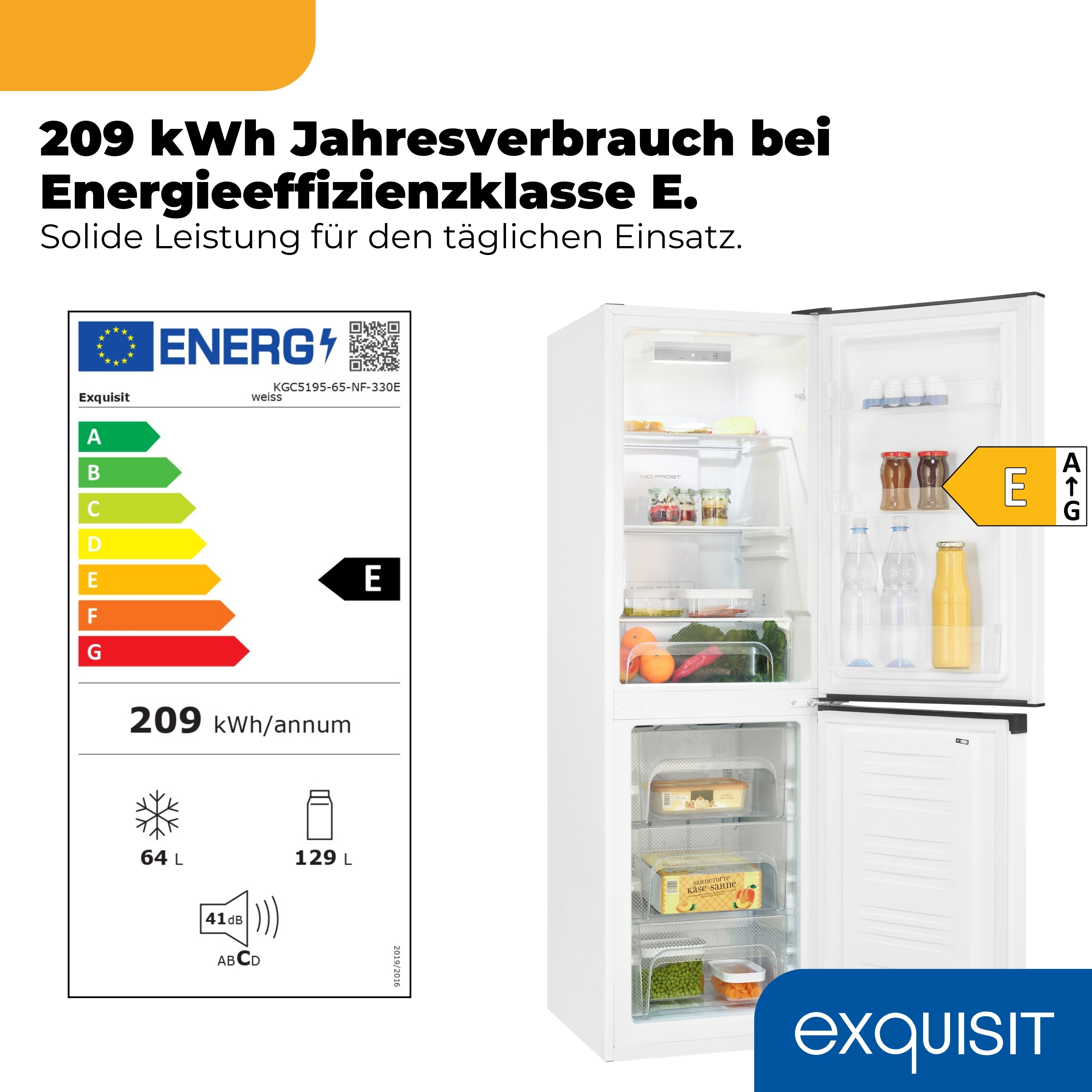 Ein weißer Kühlschrank mit offener Tür, Energieeffizienzklasse E, 209 kWh/Jahr.