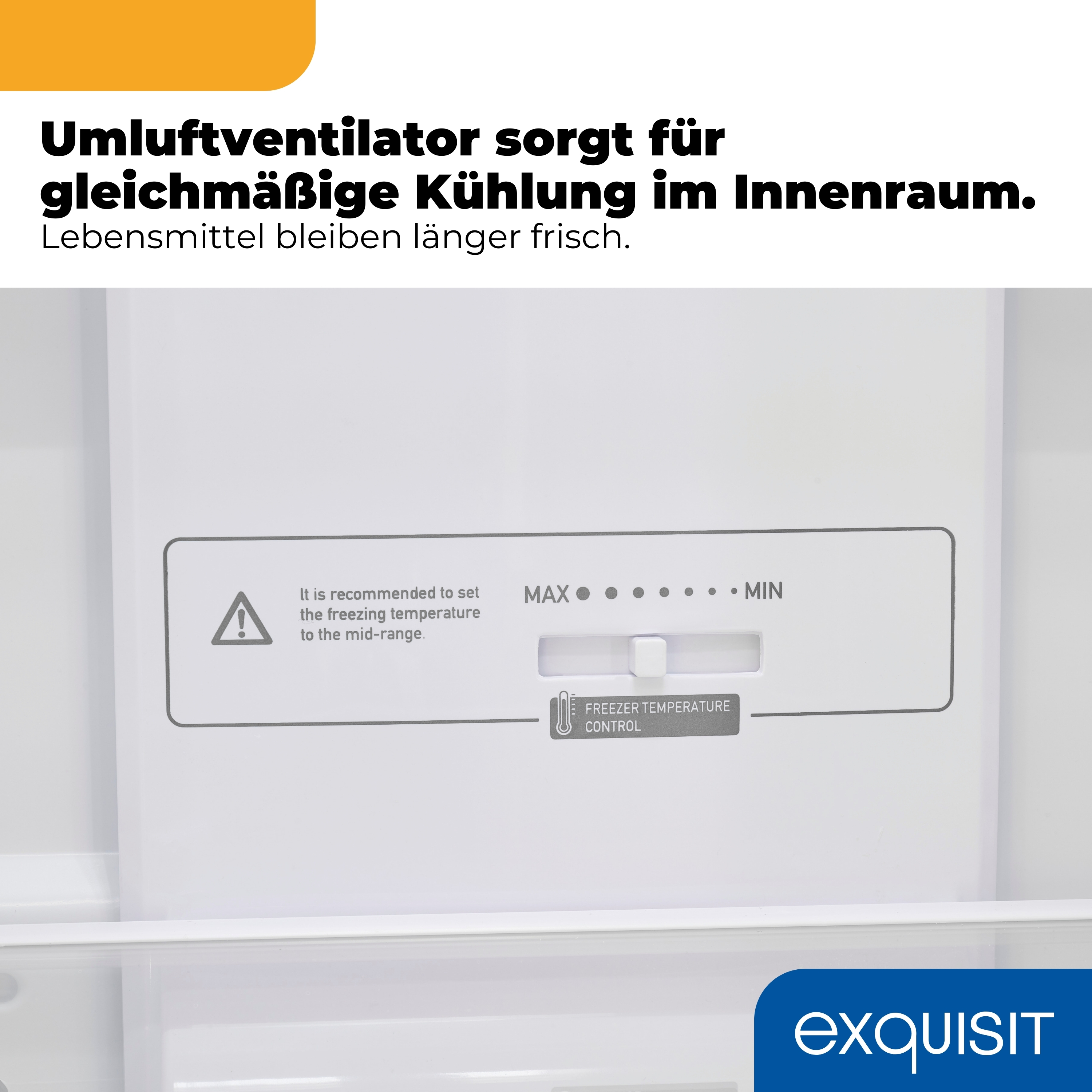 Gefrierfach-Temperaturregler mit Schieberegler und Warnsymbol.