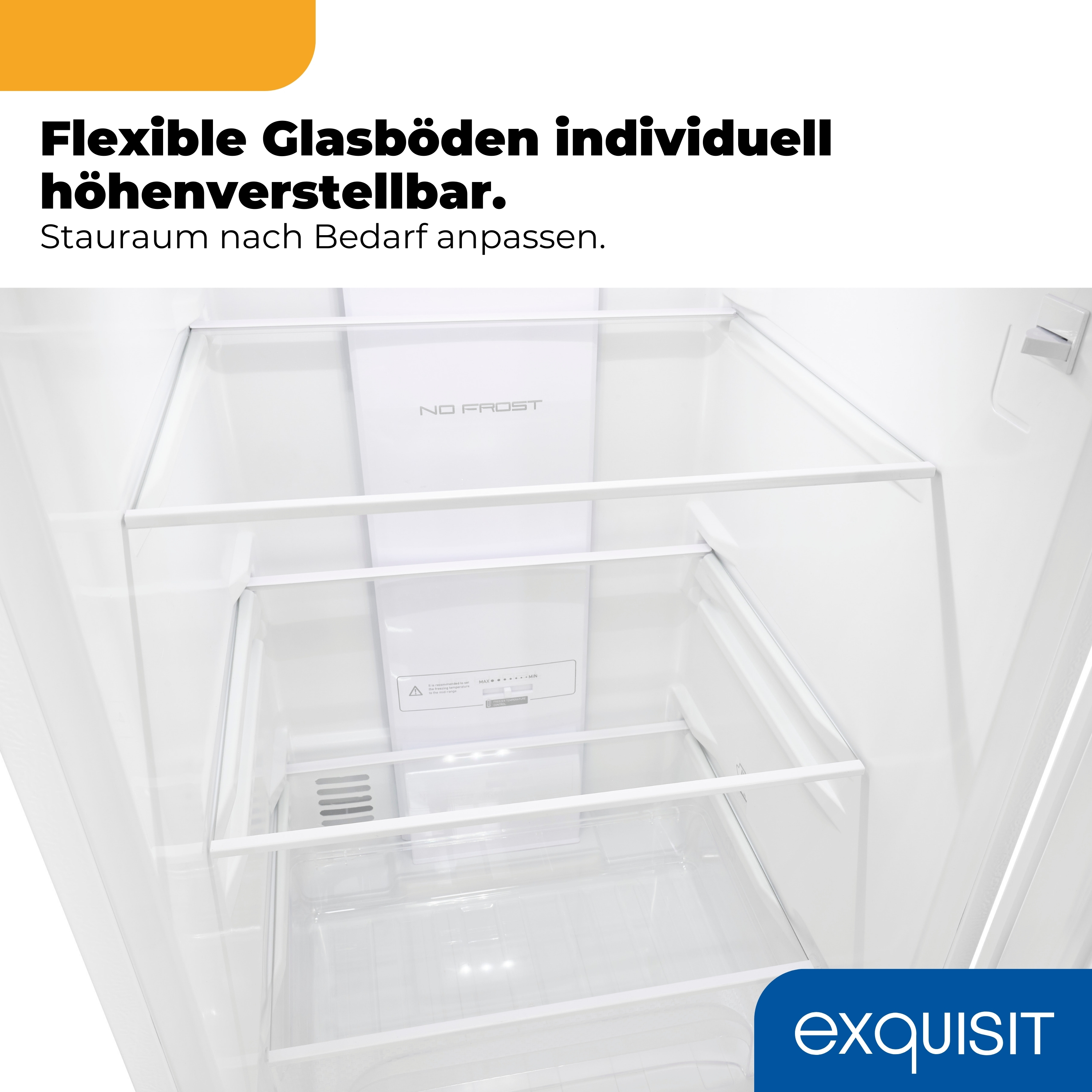 Innenansicht eines leeren Kühlschranks mit Glasböden und "NO FROST"-Aufschrift.