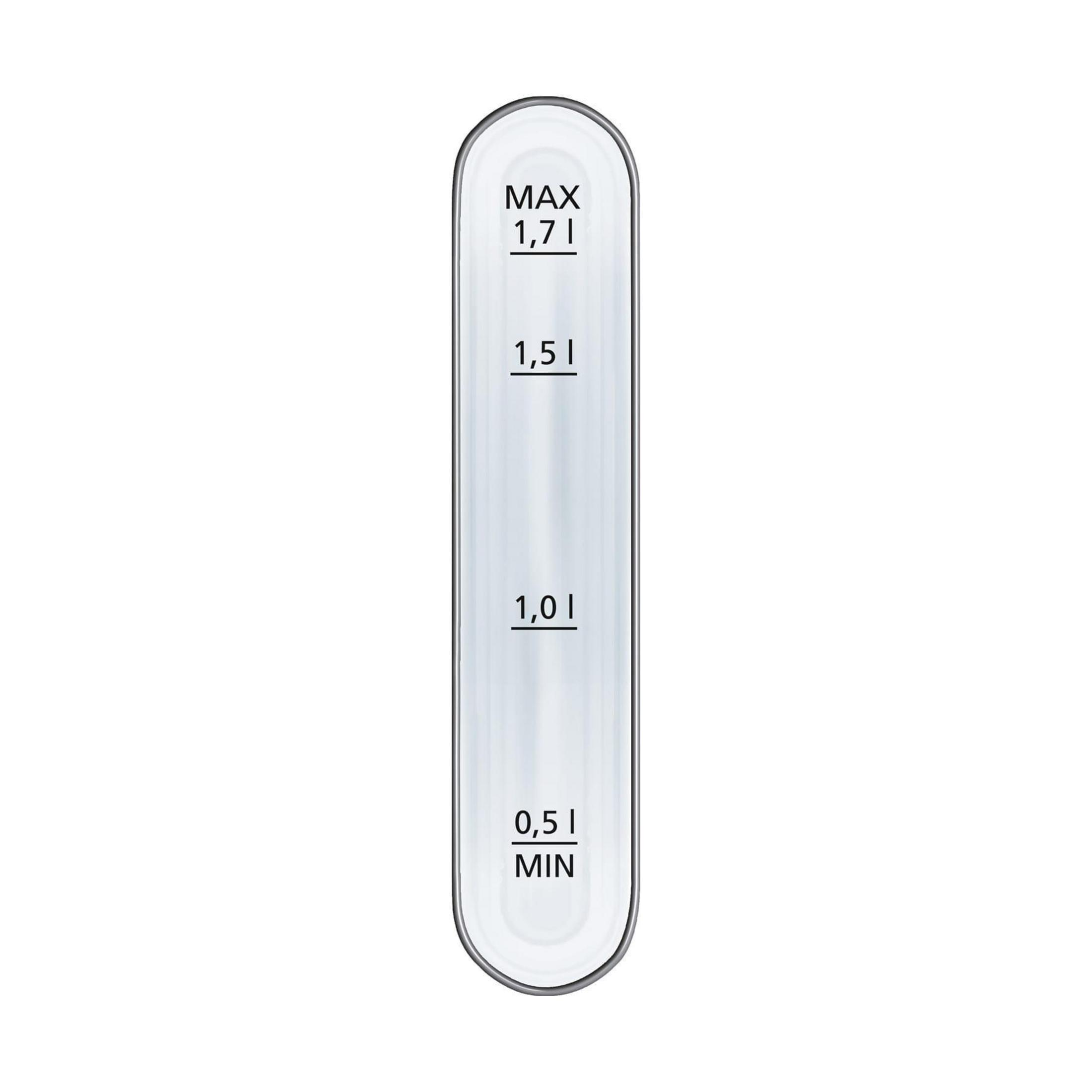 Eine durchsichtige Wasserstandsanzeige mit Markierungen für 0,5 L (MIN), 1,0 L, 1,5 L und 1,7 L (MAX).