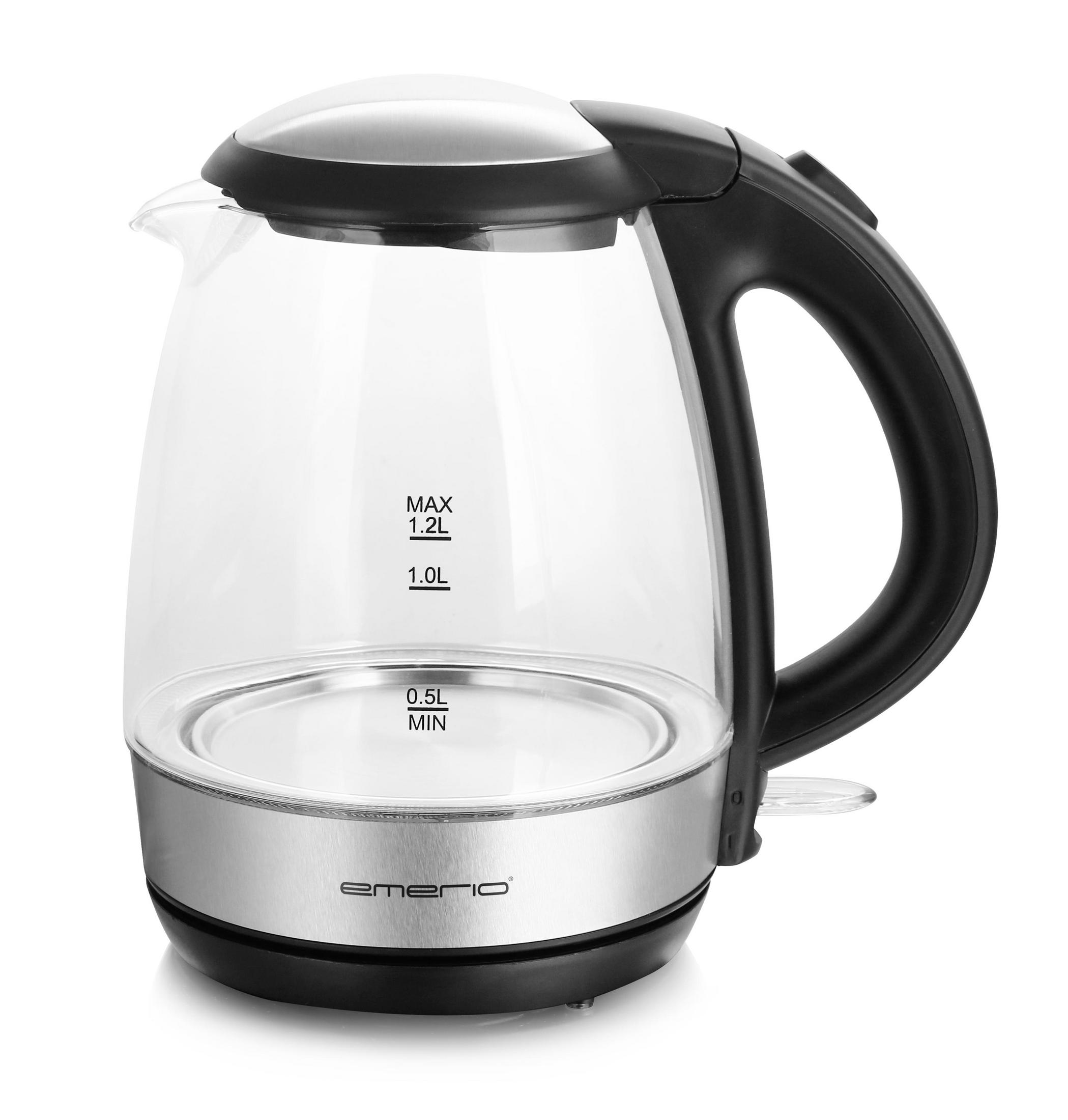 A clear glass kettle with a black handle and stainless steel base.