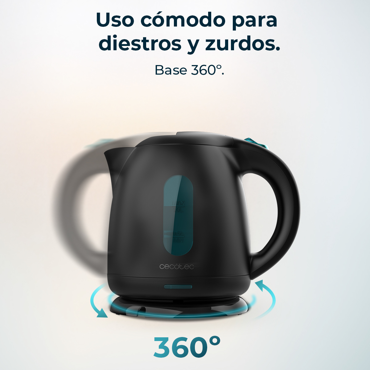 Tetera negra con base 360°, cómoda para diestros y zurdos.