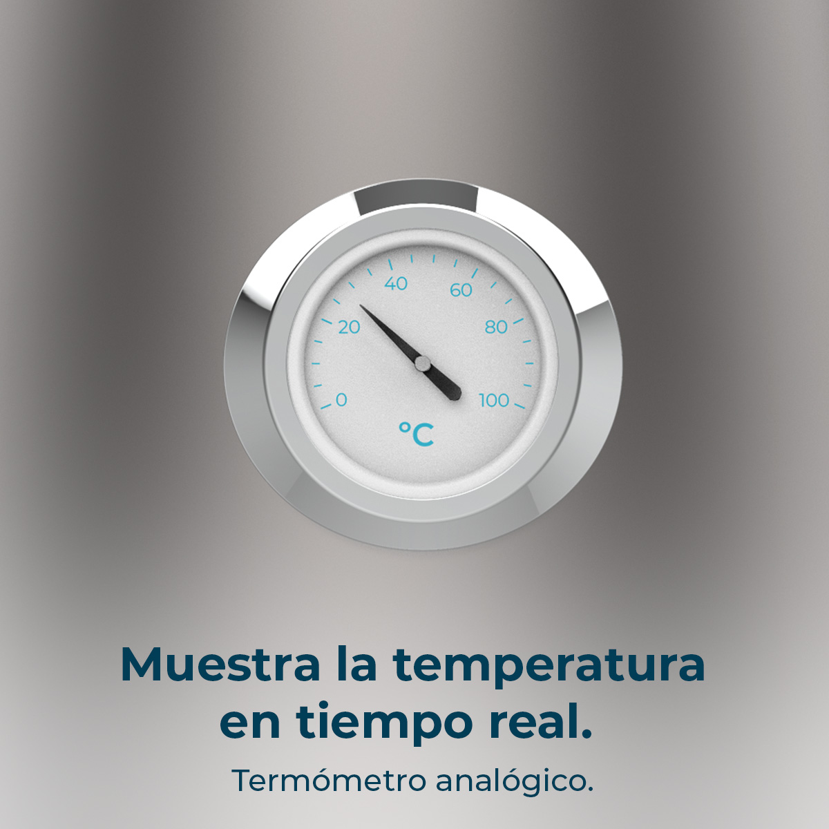 Un termómetro analógico con dial blanco y marcas azules muestra la temperatura.