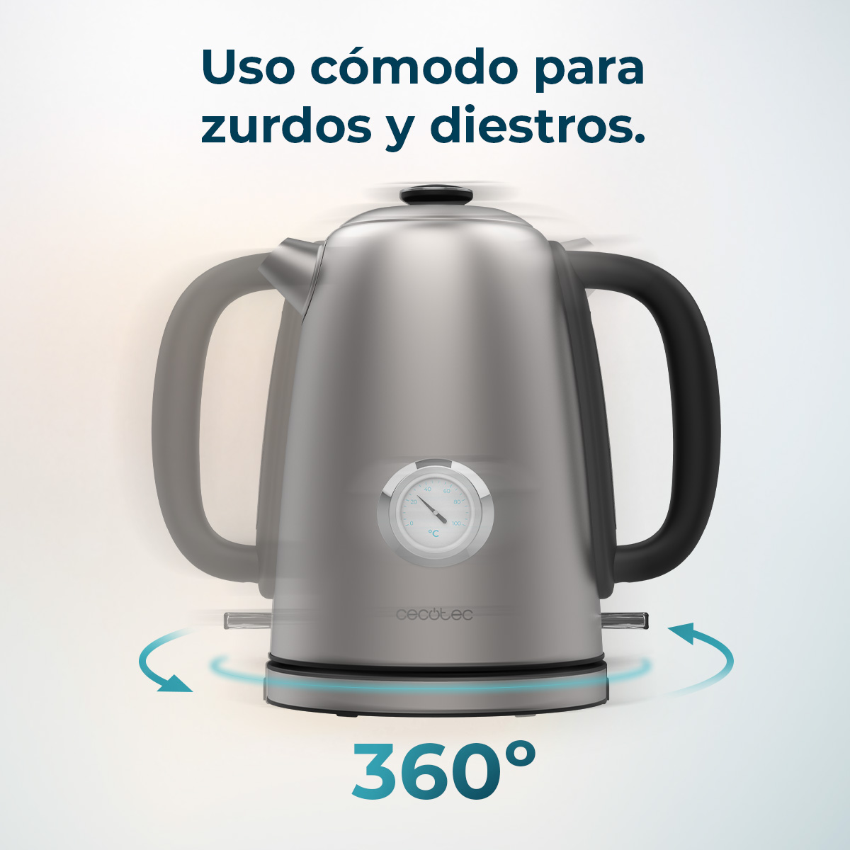 Tetera plateada con asa negra gira sobre base, 360 grados.