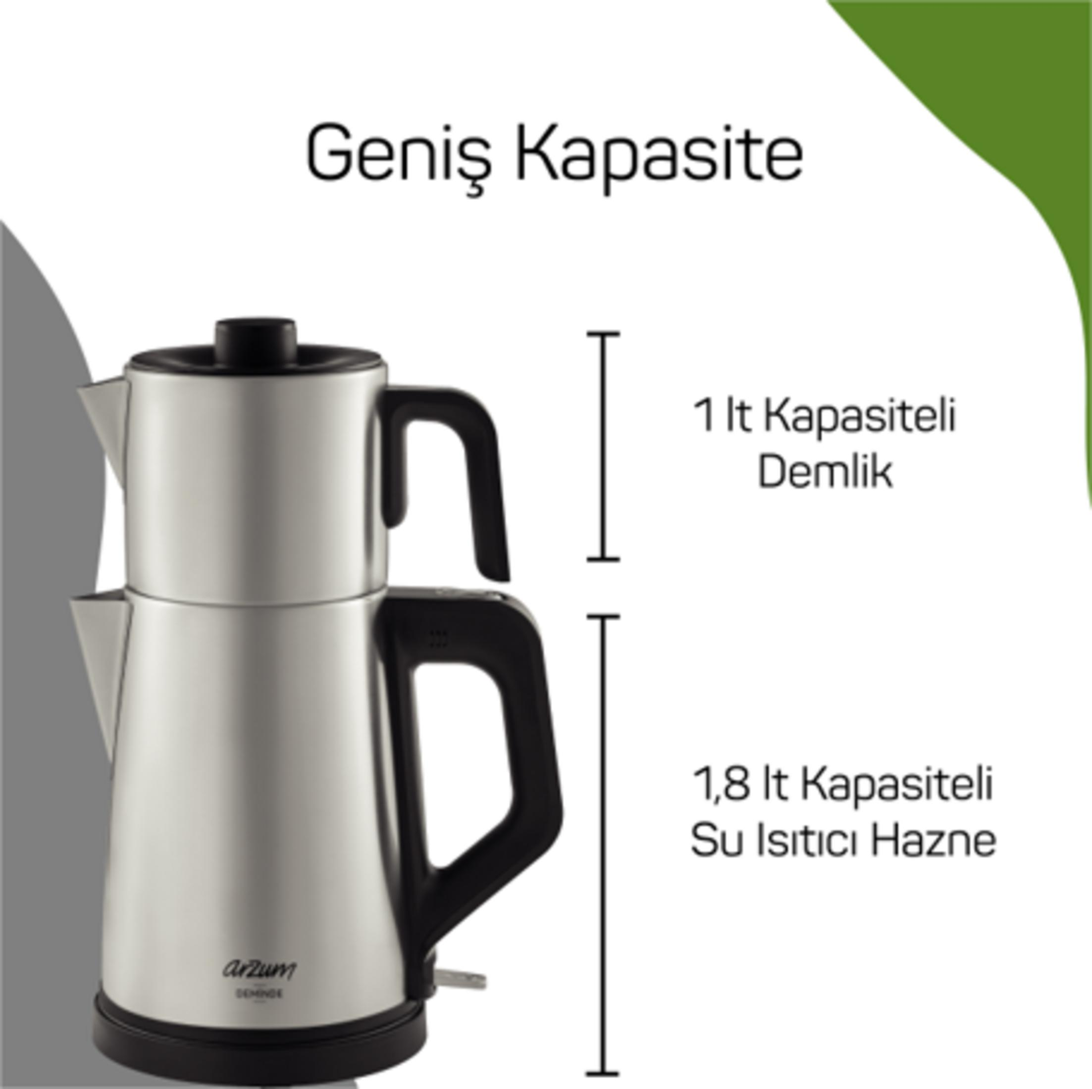 1.8L su haznesi ve 1L demliğe sahip gümüş çay makinesi.