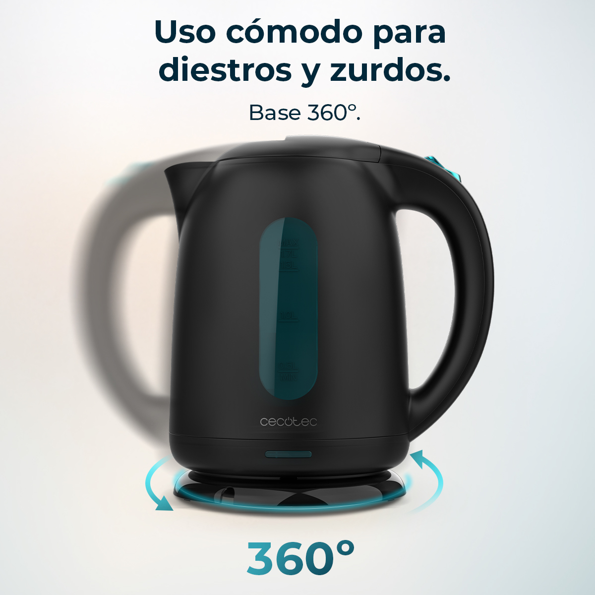Zwarte waterkoker op 360 graden draaibare voet met waterniveau-indicator.