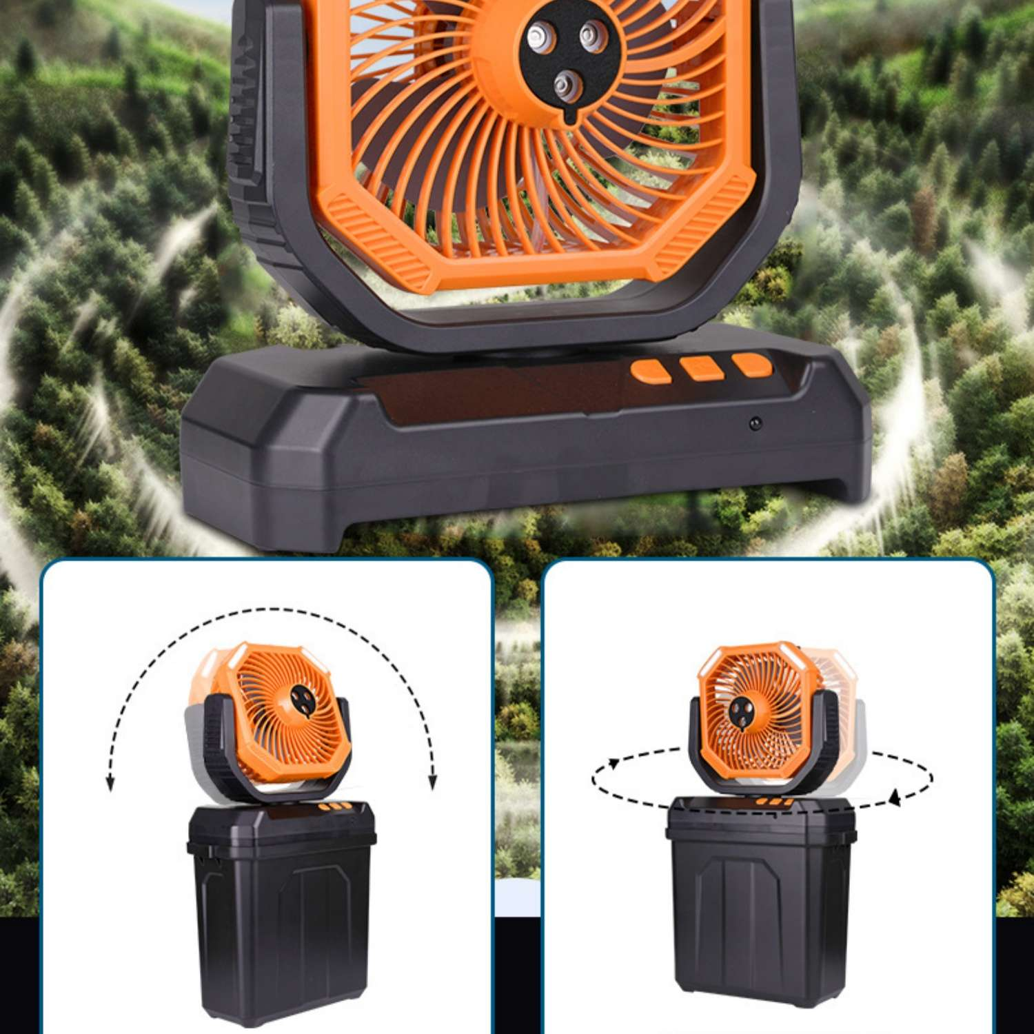 Ein tragbarer orangefarbener Ventilator auf einer schwarzen Basis vor einem Wald.