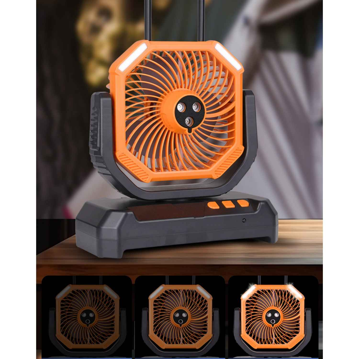 Ein orangefarbener Ventilator mit Lichtern steht auf einem Holztisch.
