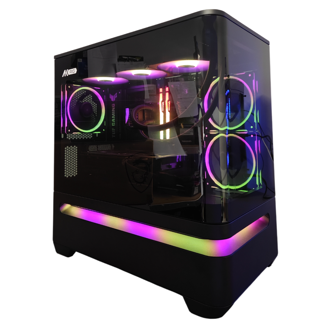 Un case PC nero con illuminazione RGB, ventole e pannello laterale trasparente.
