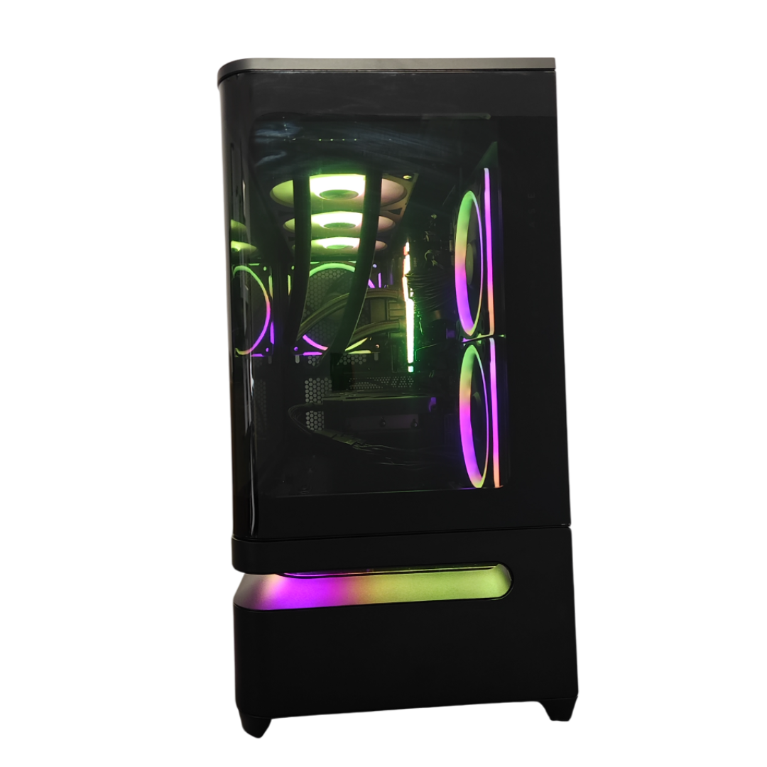 Case PC nero con illuminazione RGB su ventole e base.