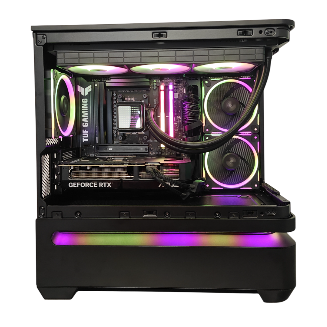 Case PC nero con illuminazione RGB su ventole e base. Contiene GPU, scheda madre, RAM e dissipatore CPU.