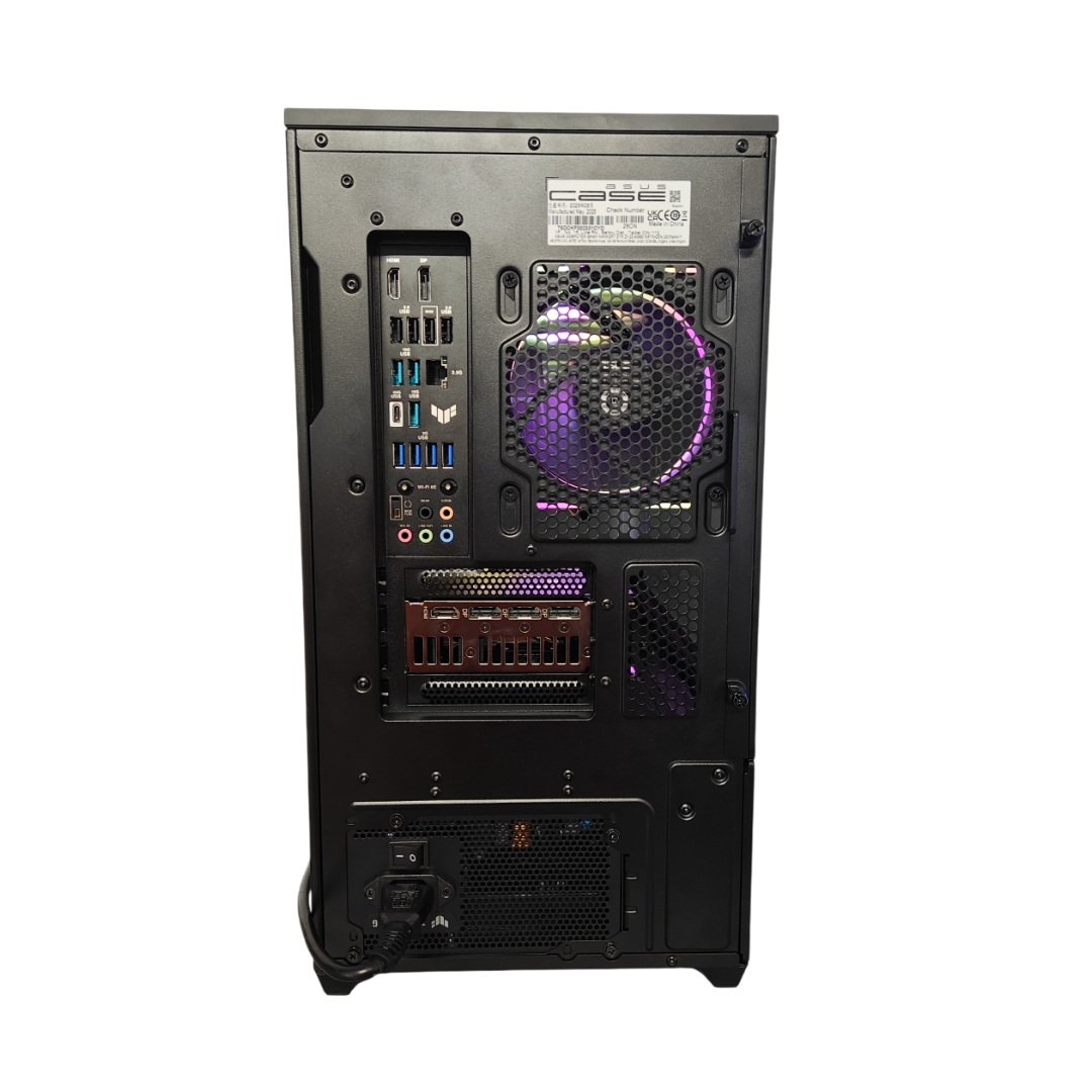 Retro di un PC nero con porte, ventola e alimentatore.