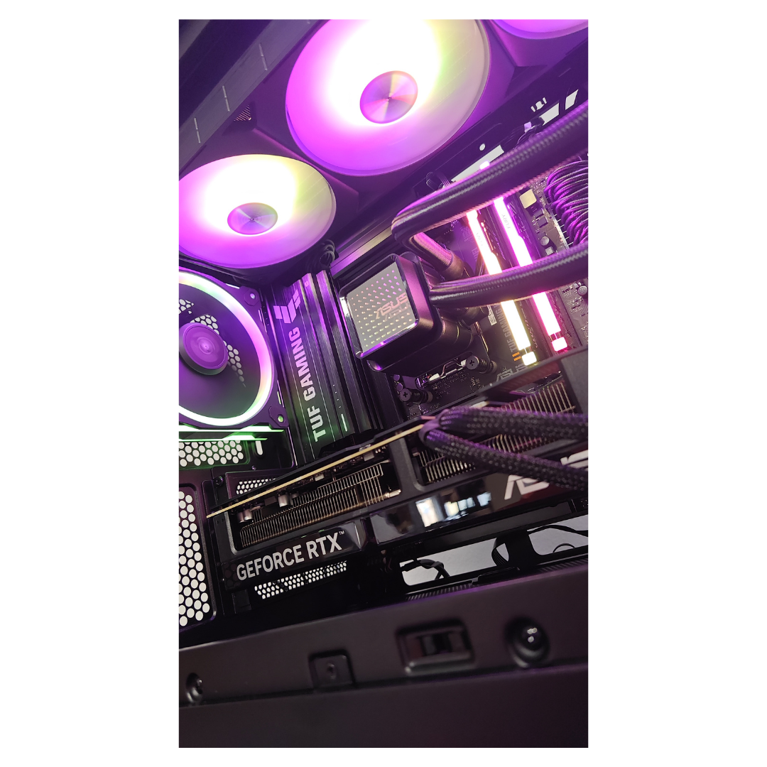 Un case PC con ventole RGB, scheda grafica e raffreddamento a liquido.