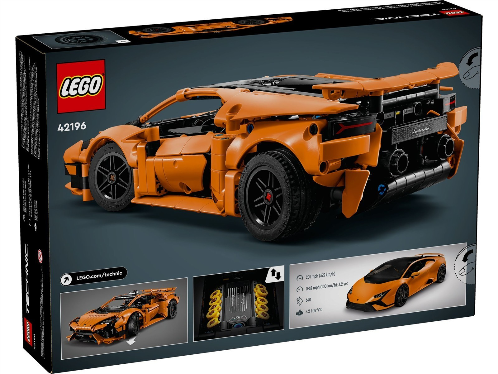 Orange Lego Technic Lamborghini Bausatz auf dunklem Hintergrund mit Details.