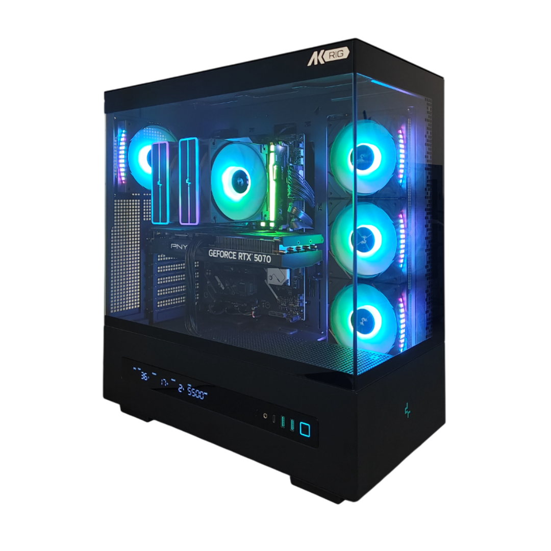 Un case PC nero con frontale in vetro, illuminato da ventole RGB e una scheda grafica.