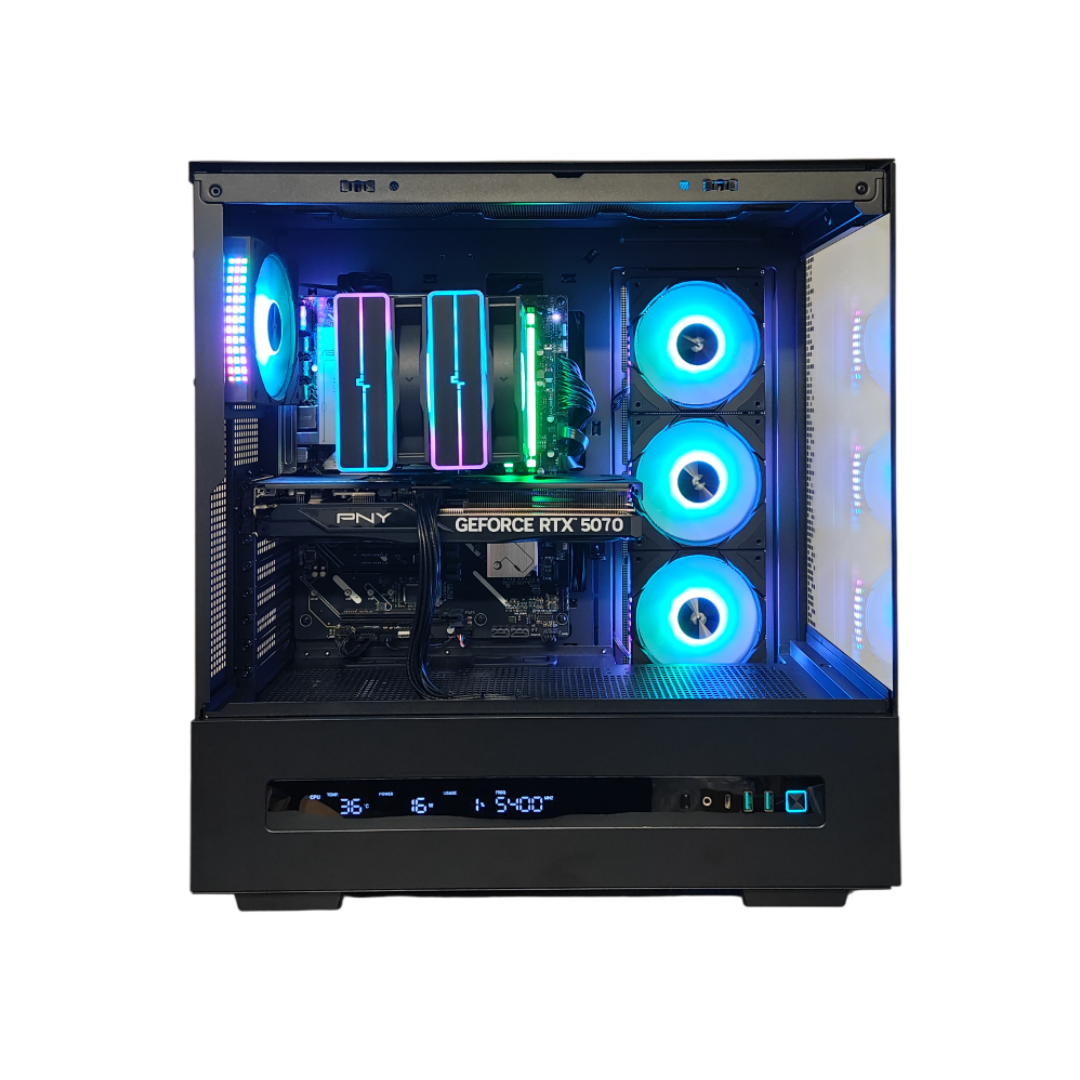 Un case per PC nero con illuminazione RGB, ventole e una scheda grafica.