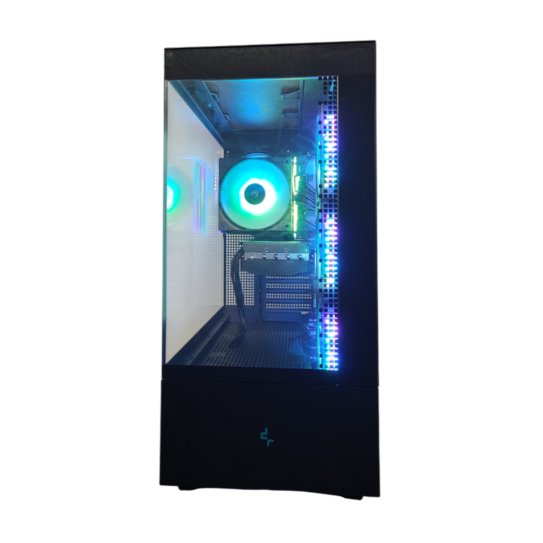 Un case per computer nero con illuminazione RGB e una ventola.
