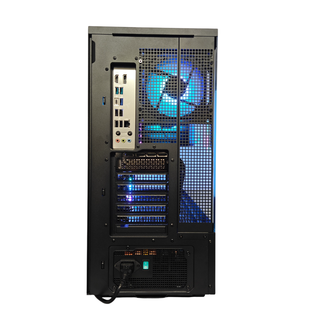 Retro di un PC nero con illuminazione blu della ventola e porte.