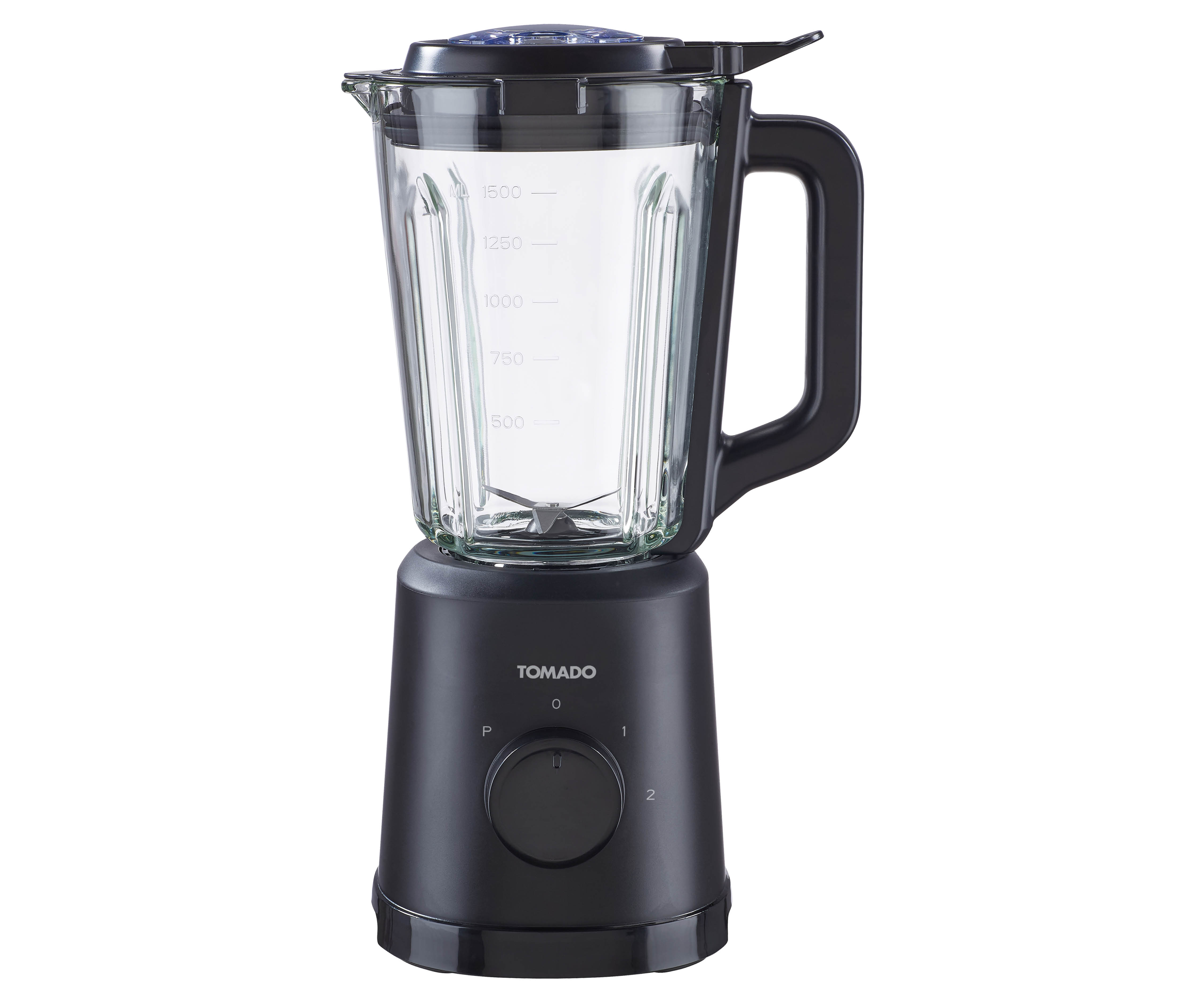 A black blender with a glass jar and measurement markings.